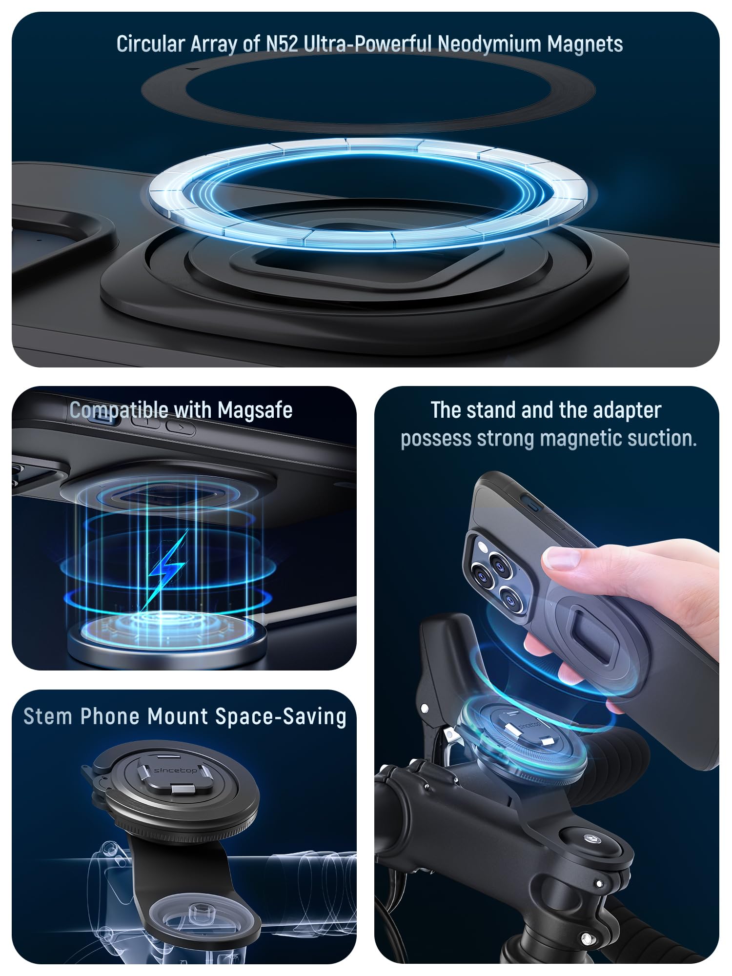 Sincetop Bike Stem Magnetic Phone Mount Series Q [ Quad ] - Mountain Bicycle Stem Phone Holder - Quick Lock & Release - Aluminum