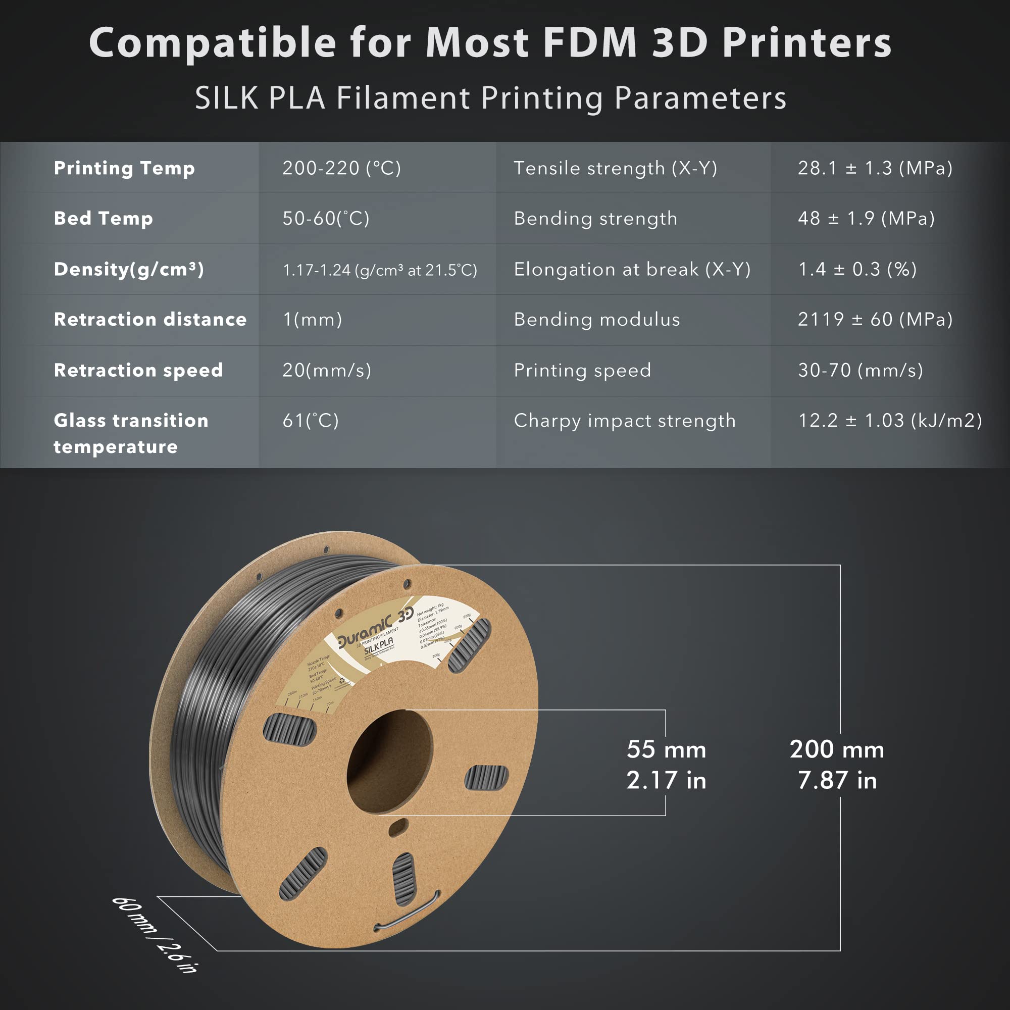 Duramic 3D Shiny Silk Pla Filament 1.75Mm Shiny Metallic Pla Filament Dimensional Accuracy +/- 0.05 Mm Silver