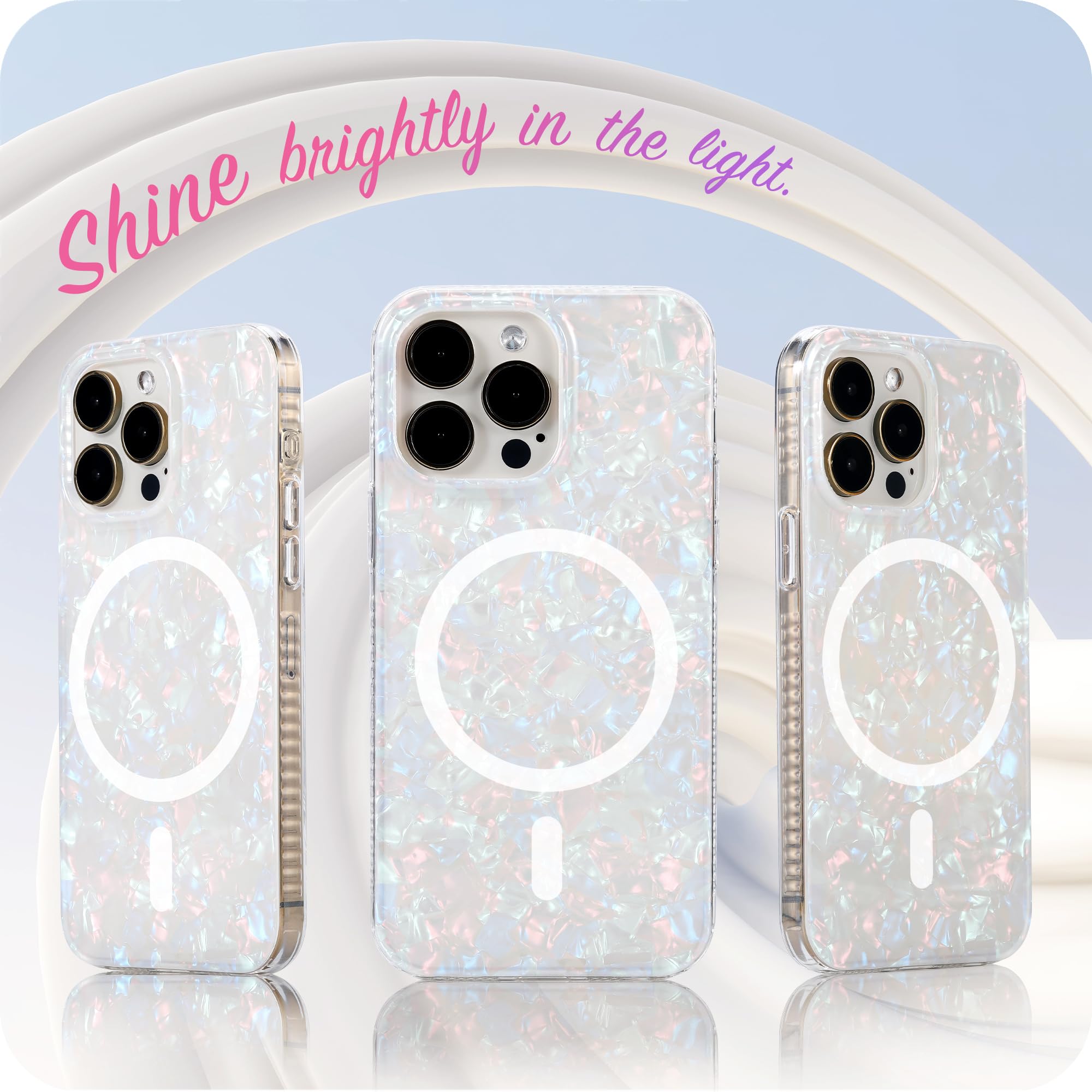 Lonli Hue   For Iphone 15 Pro Case [Compatible With Magsafe]   White Pearl Tort   [10Ft Drop Protection] [4 Airbag Cushioned Cor