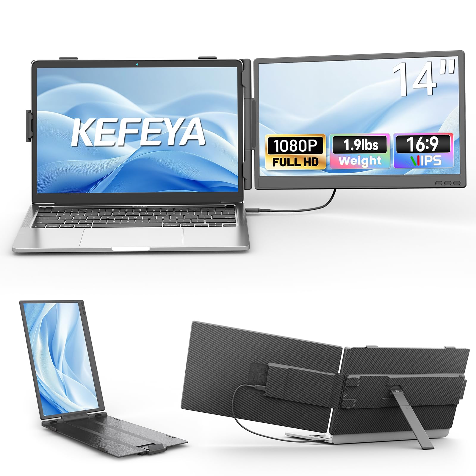 KEFEYA Laptop Screen Extender, 14 FHD 1080P IPS Dual Laptop Monitor Extender, Portable Monitor Plug & Play USB-C/HDMI/USB-A for
