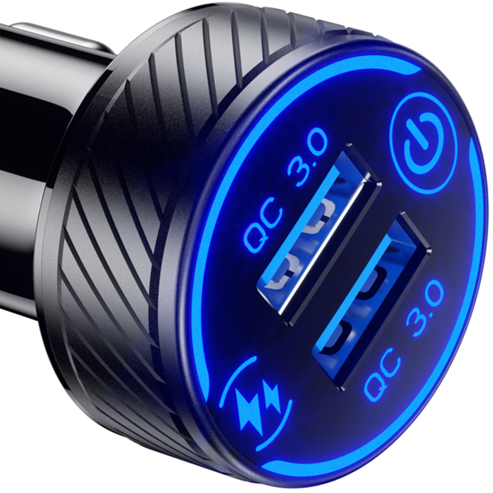 Brcovan Car Charger, Dual Qc3.0 Port Usb Car Phone Charger Adapter, 36W 3A Fast Charge With Touch Switch & Blue Led