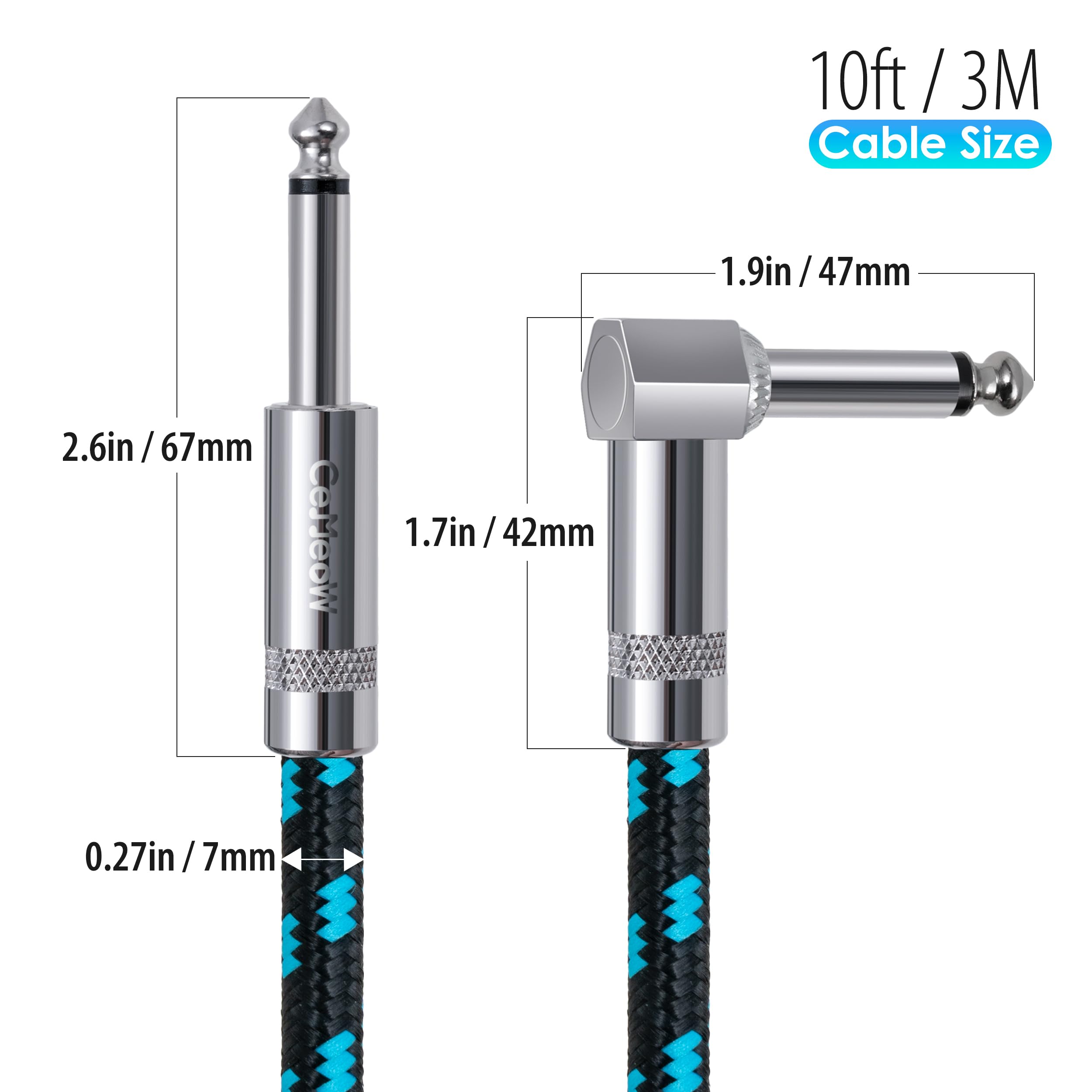 Cemeow Guitar Cable 10Ft 1/4 Inch Guitar Cord Straight To Right Angle Instrument Cable With Braided Tweed And Anti Kinking Desig