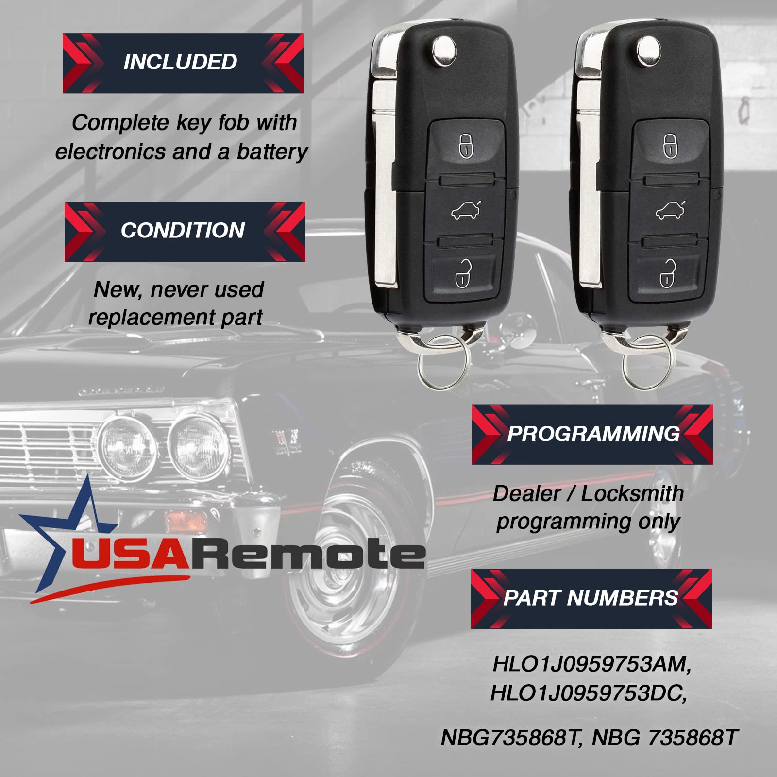 Replacement Keyless Entry Remote Flip Key Fob Fits 2002 2003 2004 2005 Vw Jetta, Golf, Passat (Hlo1J0959753Am, Set Of 2)
