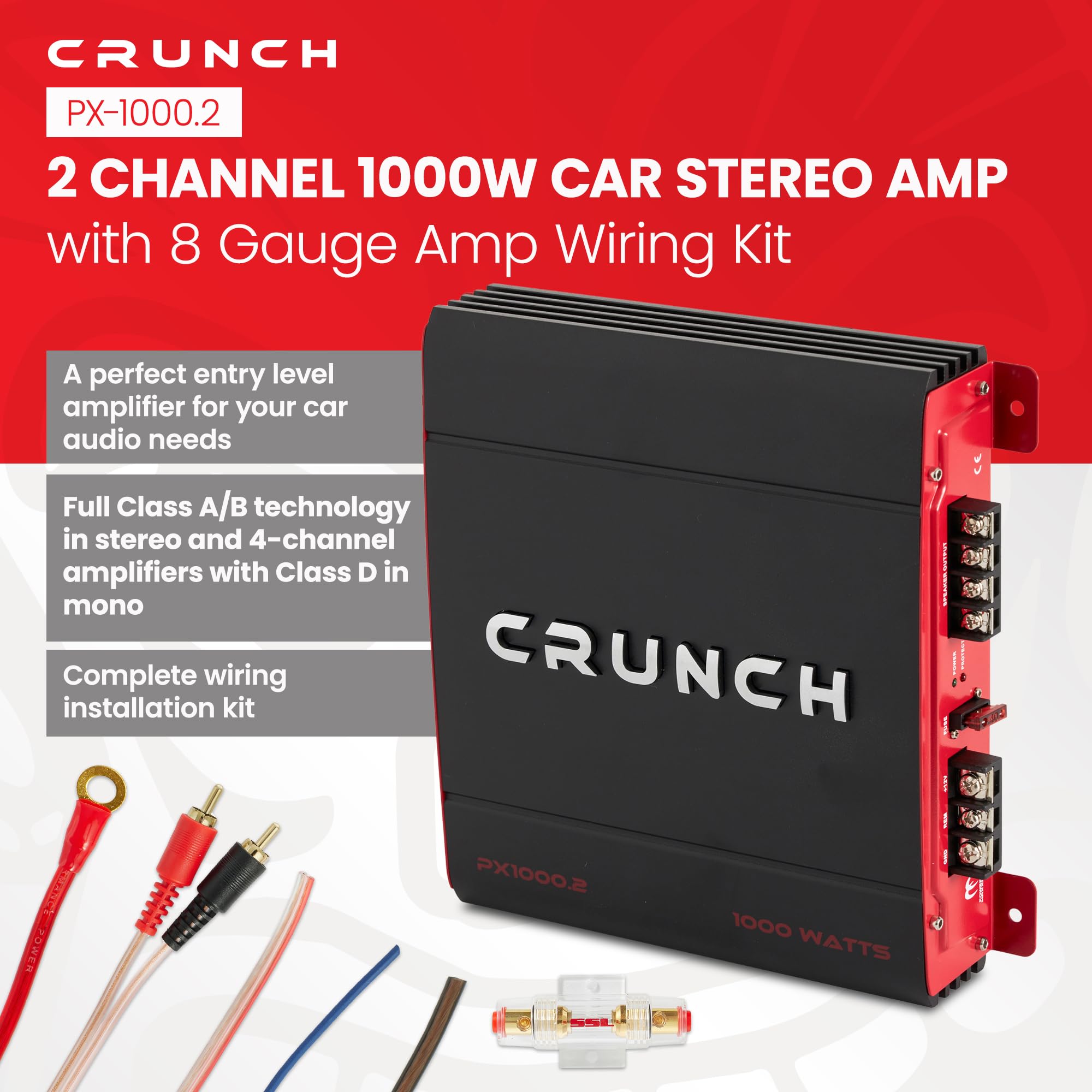 Crunch Px 1000.2 2 Channel 1000 Watt Amp A/B Car Stereo Amplifier + Wiring Kit