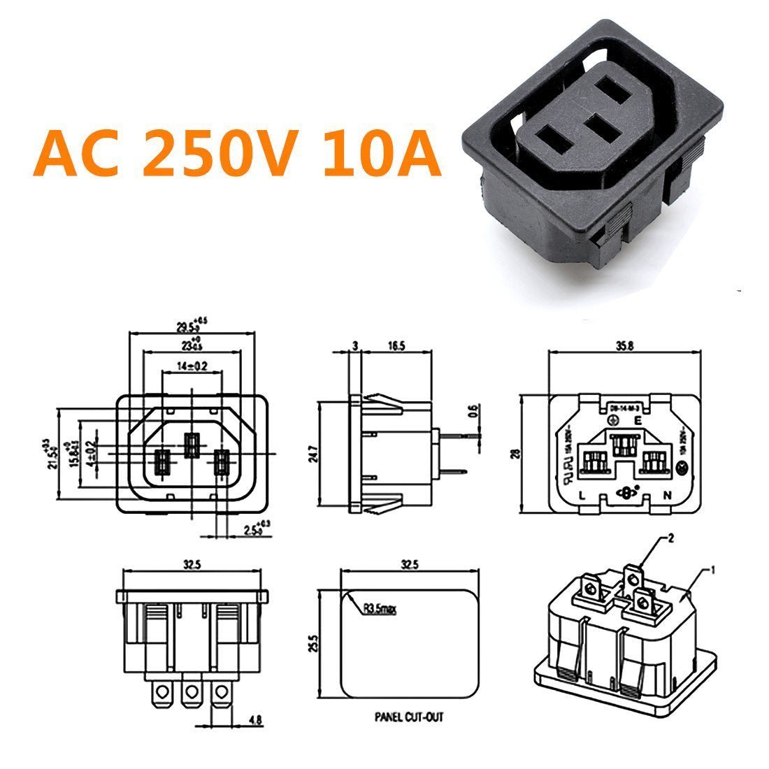 Oiyagai 10Pcs Ac 250V 10A Iec 320 C13 Panel Mount Connector Socket