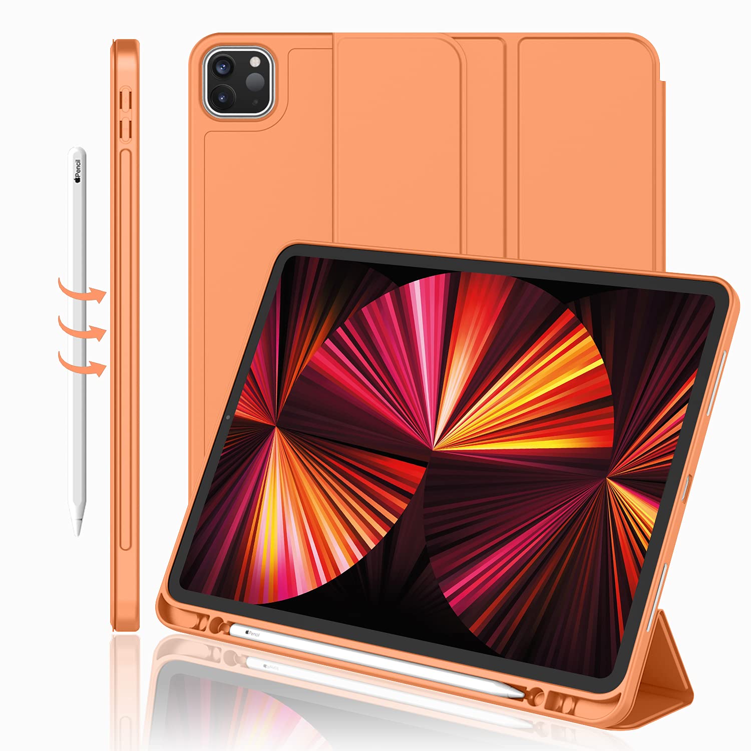Imieet New Ipad Pro 11 Inch Case 2022(4Th Gen)/ 2021(3Rd Gen) With Pencil Holder [Support Ipad 2Nd Pencil Charging/Pair],Trifold Stand Smart Case With Soft Tpu Back,Auto Wake/Sleep(Orange)