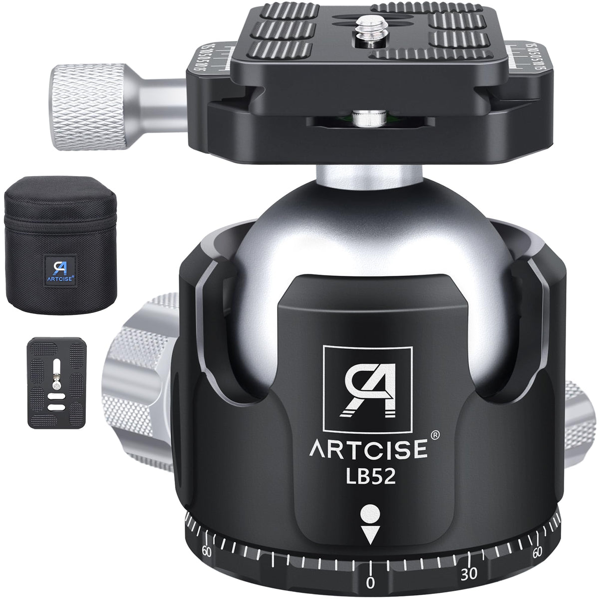 Low Profile Ball Head Tripod Mount Ball Head 52Mm Diameter Artcise Lb52 All Metal Cnc Machining With Two 1/4' Quick Release Plates For Tripod, Monopod, Dslr, Camcorder,Max Load 66Lbs /30Kg
