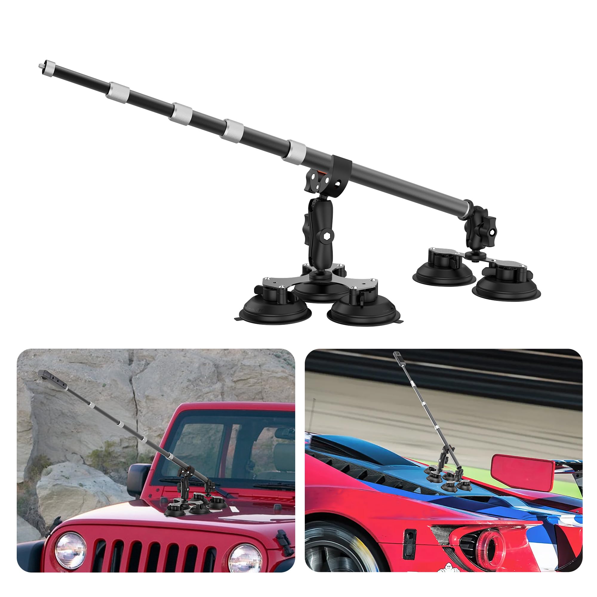 Five Suction Cup Car Mount for Insta360 Car Mount, 5 in 1 Suction Action Camera Mount with Invisible Selfie Stick for Insta360 X