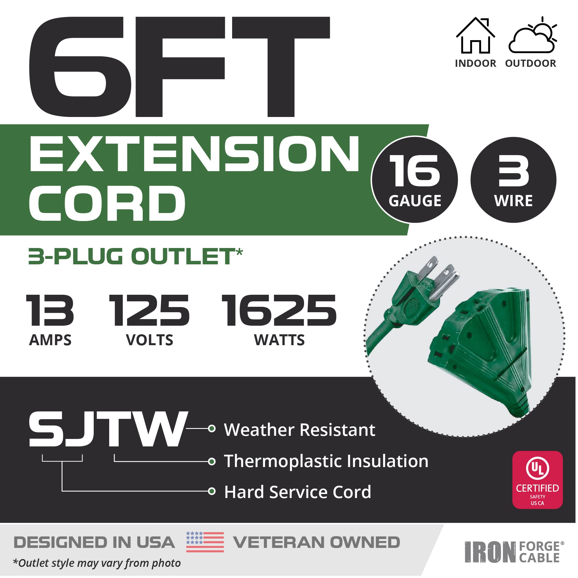 Iron Forge Cable 3 Outlet Outdoor Extension Cord 6 Ft, 16/3 Heavy Duty Green Extension Cord With Multiple Outlets 3 Prong, Weath