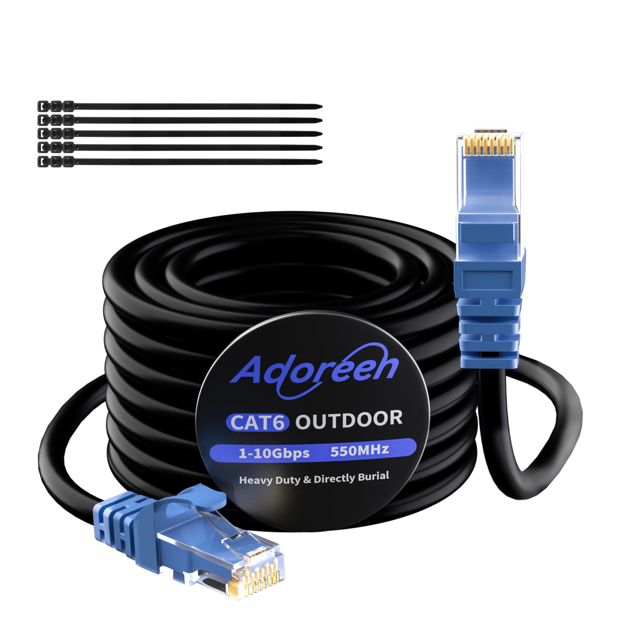 Adoreen Cat 6 Outdoor Ethernet Cable 25 Ft Black, High Speed Heavy Duty Long Internet Network Cable For Poe Camera Cat 5 5E Rj45 Lan Patch Cable Cord, Sturdy Waterproof Direct Burial+25 Ties