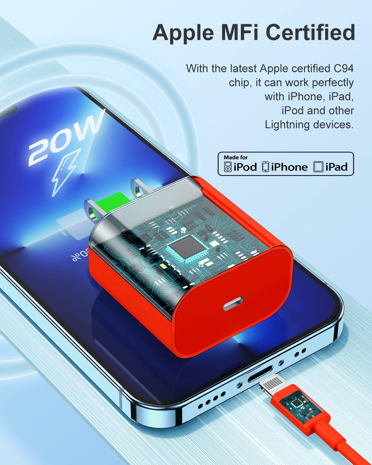 Susnwere Iphone 14 13 12 Charger Fast Charging, 2 Pack 20W Fast Pd Usb C Wall Charger Adapter With 3Pack 6Ft Usb C To Lightning Cable (Mfi Certified) For 14/14 Plus/14 Pro/14 Pro Max/13/ Red