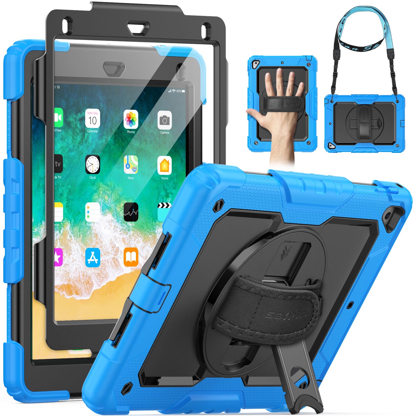 Seymac Case For Ipad 6Th/5Th Generation Case 9.7 Inch For Kids, Full Body Shockproof Heavy Duty Protective Case With Screen Protector, Stand/Hand/Shoulder Strap For Ipad Air 2/ Pro 9.7, Light Blue