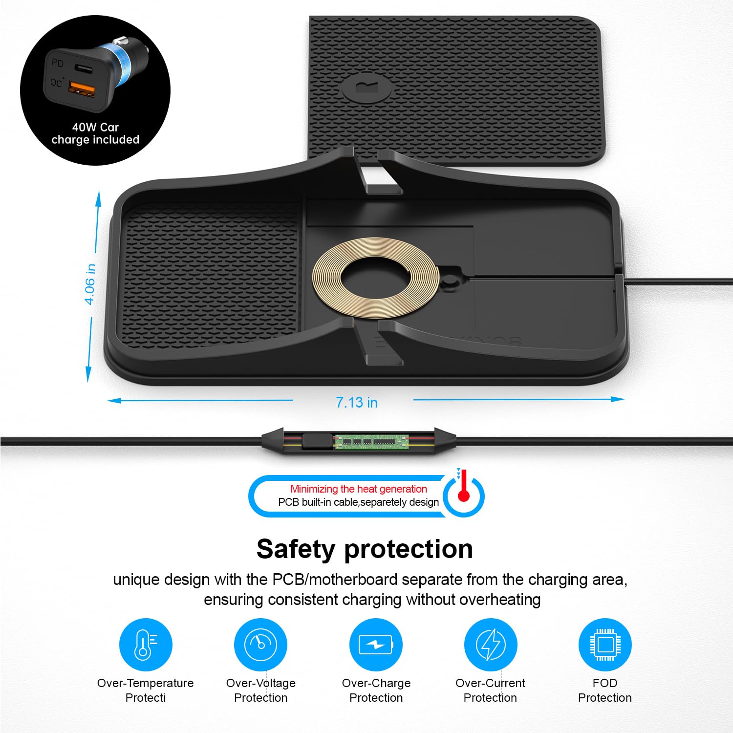 Wireless Car Charger Pad, Reestecqi Large Wireless Charging Pad For Car Non Slip Car Phone Holder Wireless Charger Compatible Wi