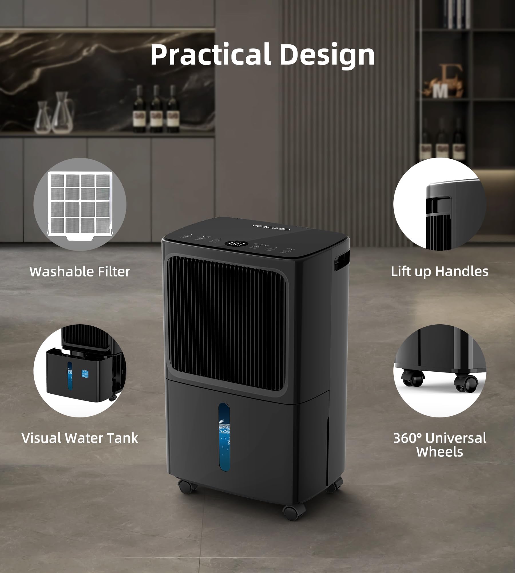 34 Pint Black Dehumidifier For Basement, 2500 Sq. Ft. Dehumidifiers For Home With Drain Hose And Child Safety Lock, 3 Operation