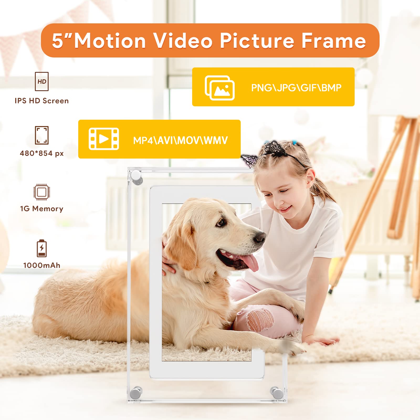 5 Inch Digital Picture Frame, Acrylic Video Frame, 1Gb Memory, 1000Mah Built In Battery, Perfect For Home Decor And Heartfelt Gi