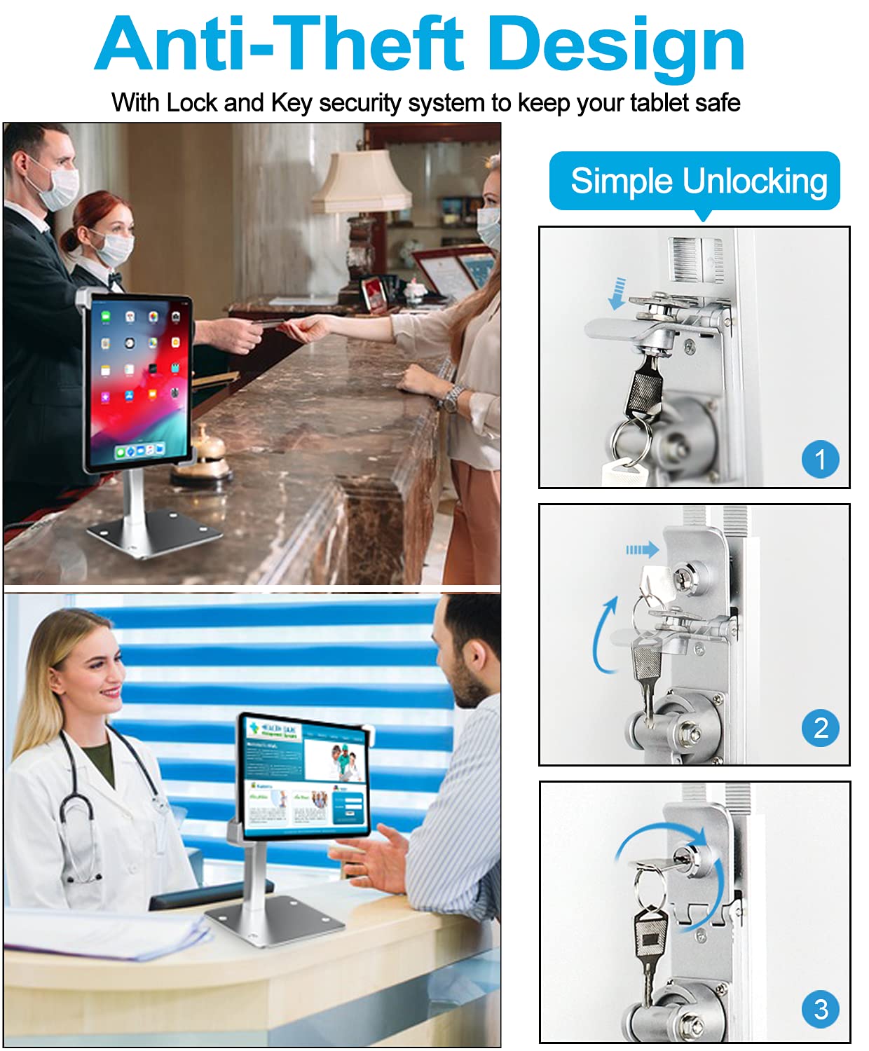 Anti Theft Tablet Kiosk Stand For 9'' 14'' Tablet, Woleyi Security Ipad Desk Floor Stand, Heavy Duty Tablet Pos Display Mount Wi