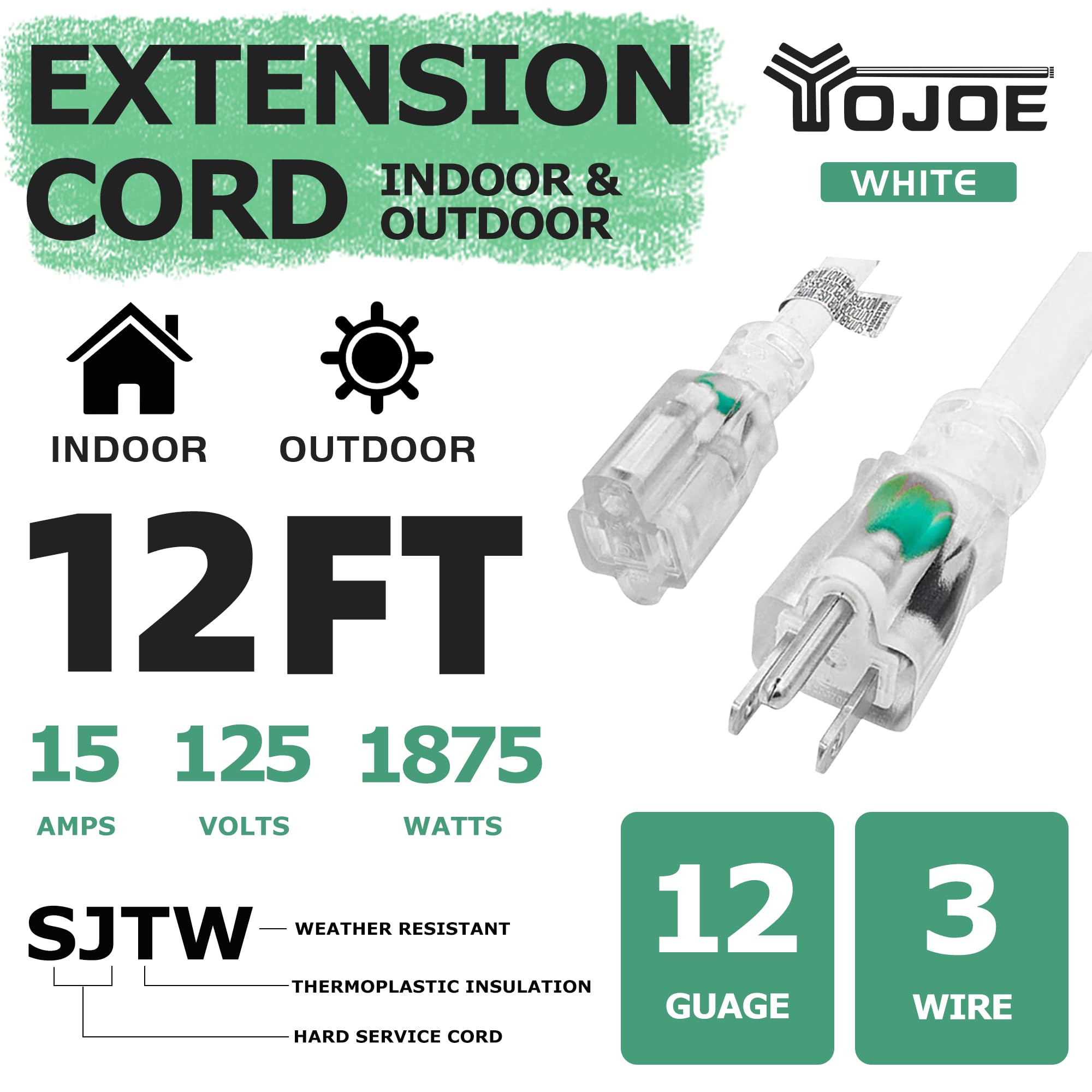 Yojoe Indoor Outdoor Extension Cord With Lighted End, 3 Prong 15A Weatherproof Power Extension Cord, 12 Gauge Heavy Duty 12 Ft W