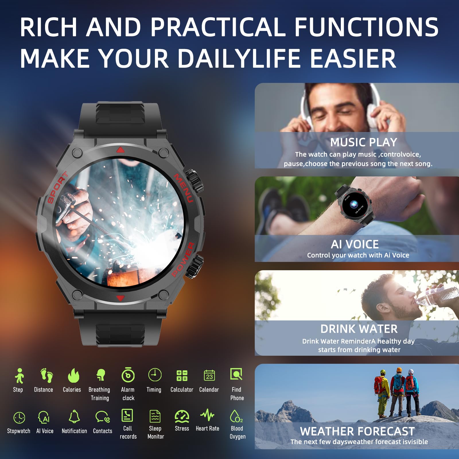 Military Smart Watch, 1.52 Inch Touch Screen Tactical Smartwatch With Text And Call, Heart Rate, Blood Oxygen, And Activity Trac