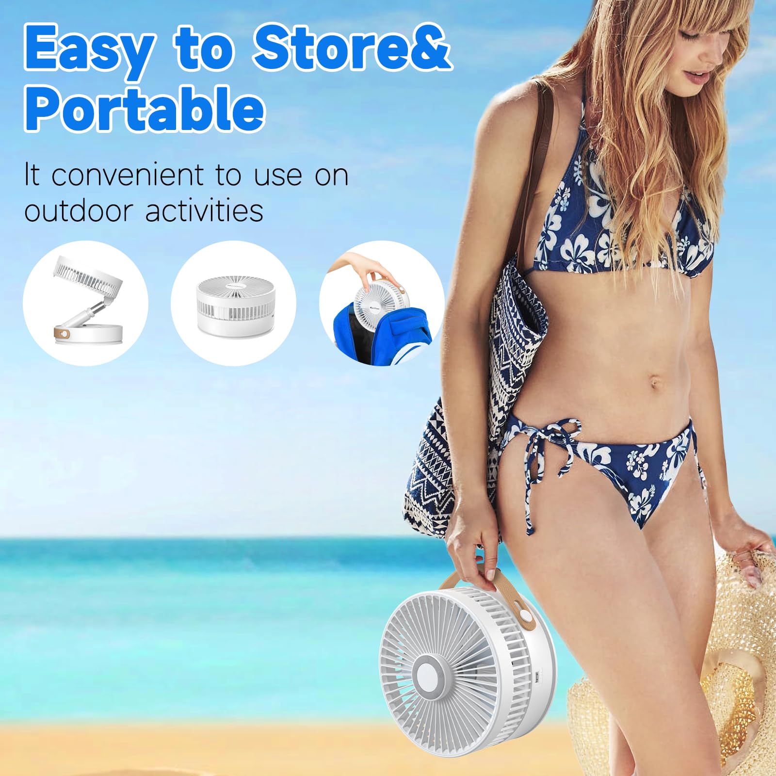 Marchpower Foldable Oscillating Standing Fan With Remote, 8'' Portable Pedestal Quiet Fan With Timer, 7200Mah Rechargeable Usb D