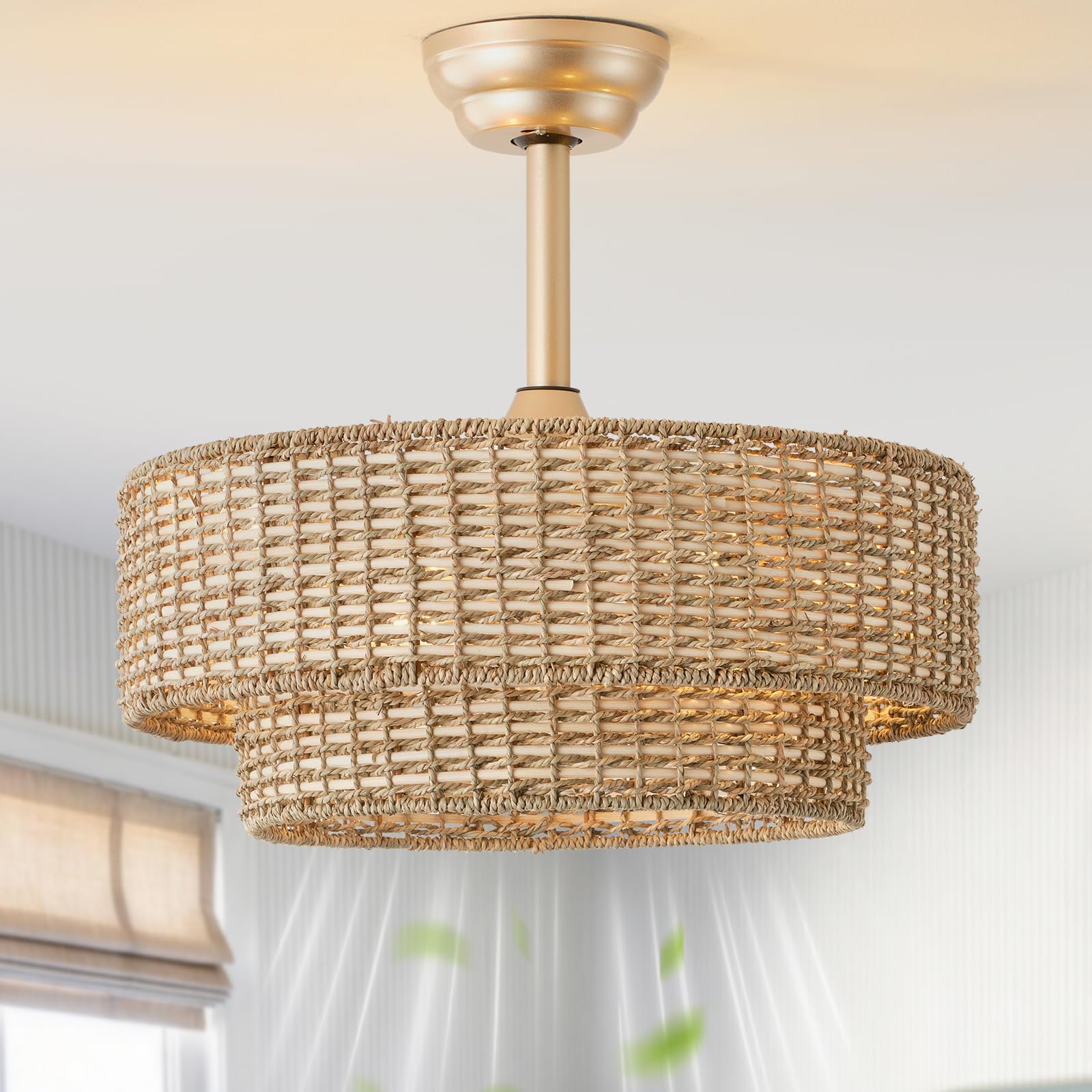 Aevikvioa 20 Boho Fandelier Ceiling Fans with Lights, Rattan Caged Ceiling Fan with Lights and Remote Control, Farmhouse Bladele