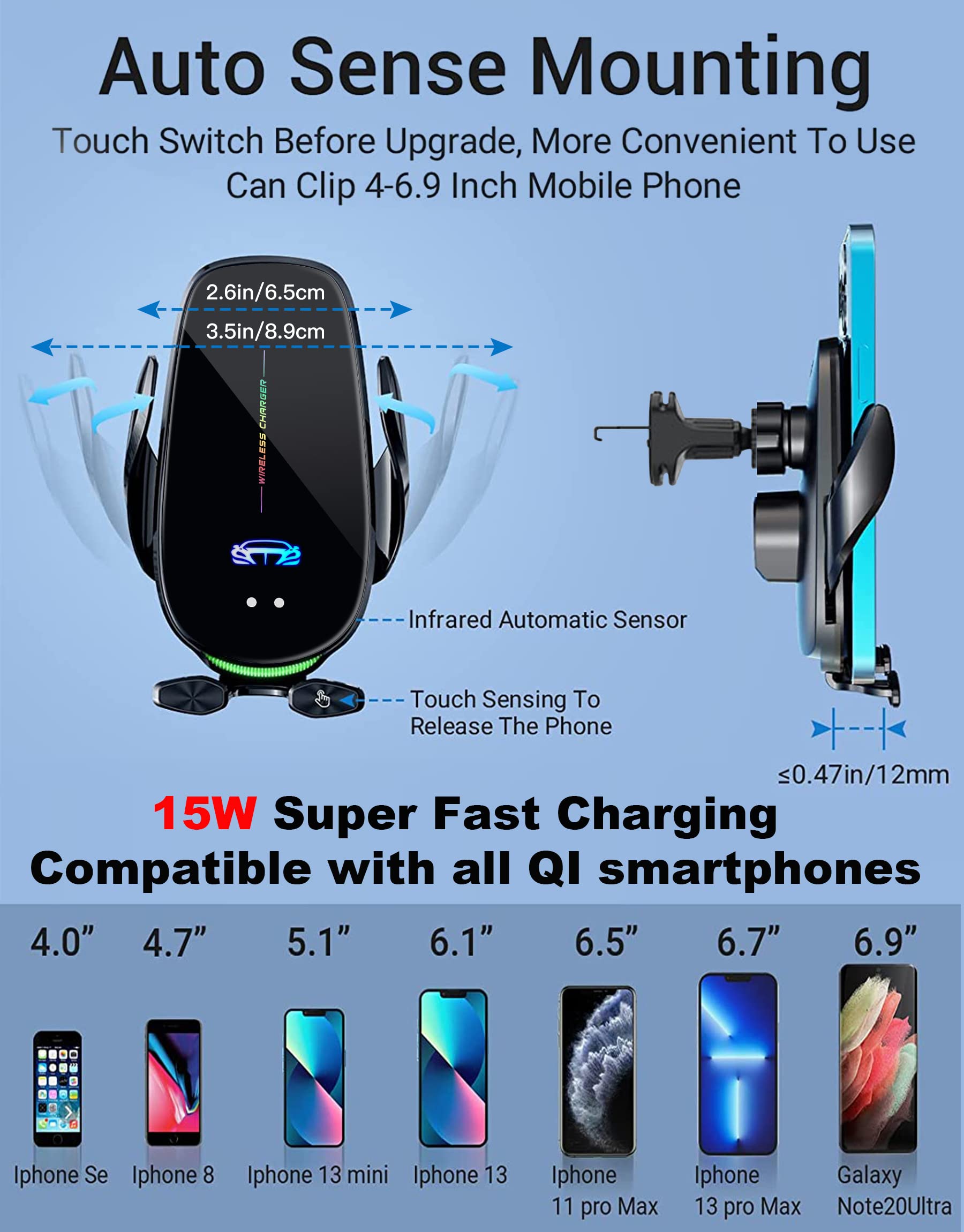 Wireless Car Charger Mount, Fast Charging Auto Clamping 15W Intelligent Dual Control Induction Car Phone Holder Mount Wireless C