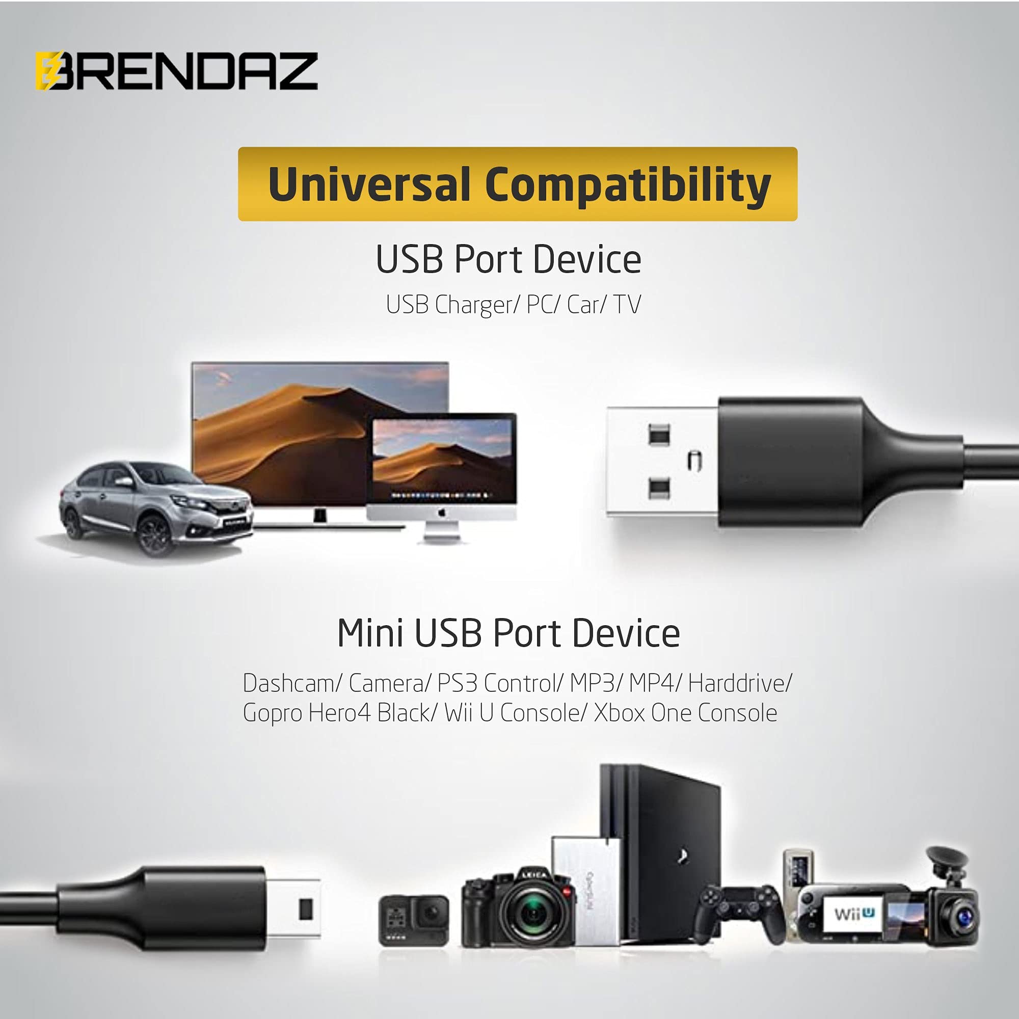 Brendaz Mini Usb Cable (2 Pack)   Usb Mini To Usb Charging Cord & Data Transfer Compatible With Gopro Hero4 Hero 3+, Garmin Gps, Ti 84 Plus, Ti84 Calculator, Dash Cam, Dslr Camera, Usb Mic. (6 Feet)