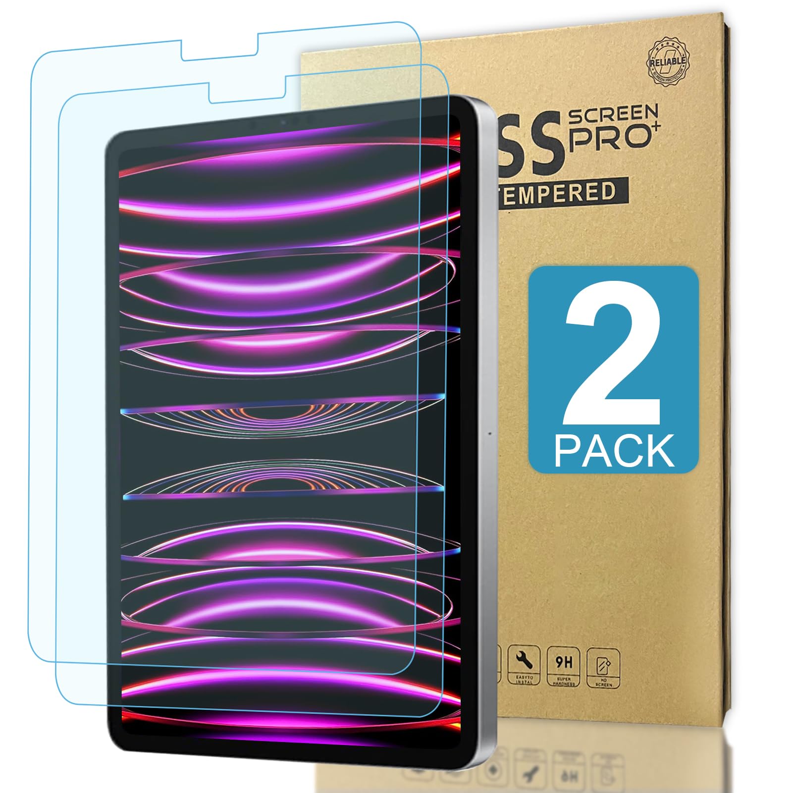 2 Pack Tempered Glass & Anti Blue Light Screen Protector For Ipad Pro 12.9'' 6Th/5Th/ 4Th/3Rd,9H Hardness/Bubble Free/Scratch Re