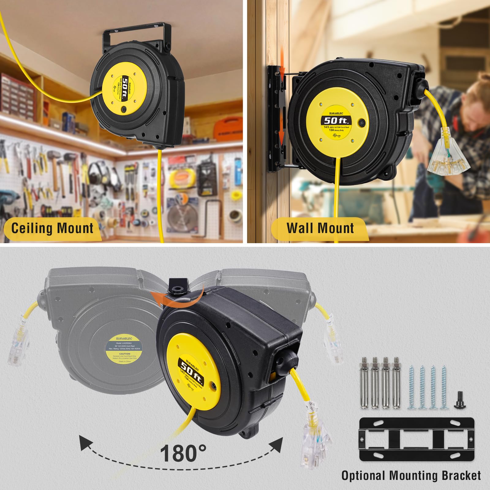 Suraielec 50 Ft Extension Cord Reel, 14 Gauge Retractable Extension Cord, Sjtow 14 Awg/3C Heavy Duty Power Cord, 13 Amp Circuit