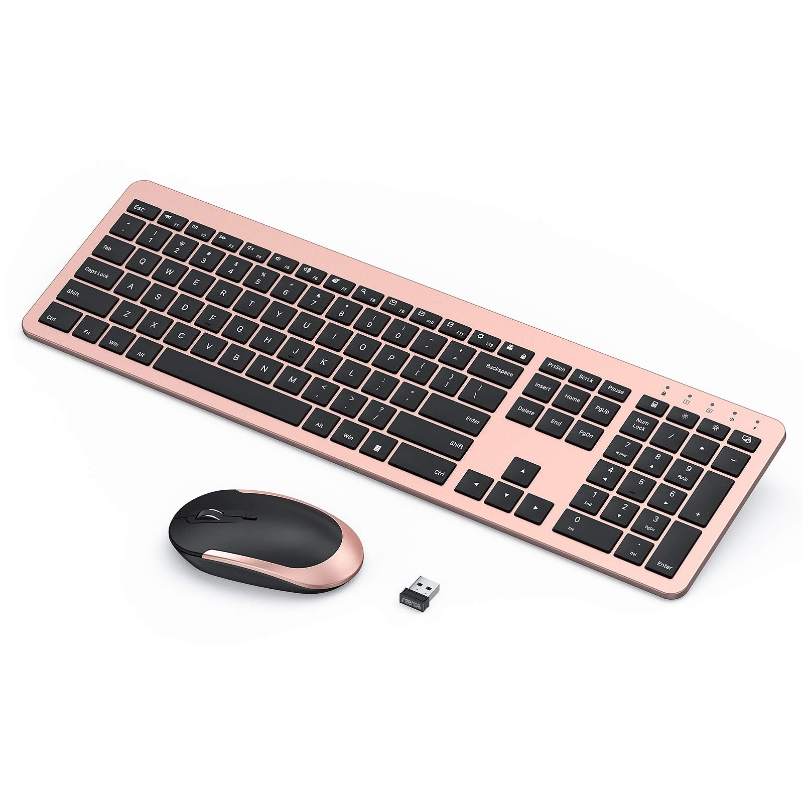 Seenda Rechargeable Wireless Keyboard Mouse Combo Full Size Cordless Keyboard & Mouse Sets With Build In Lithium Battery Ultra Thin Quiet Keyboard Mice (Rose Gold & Black)
