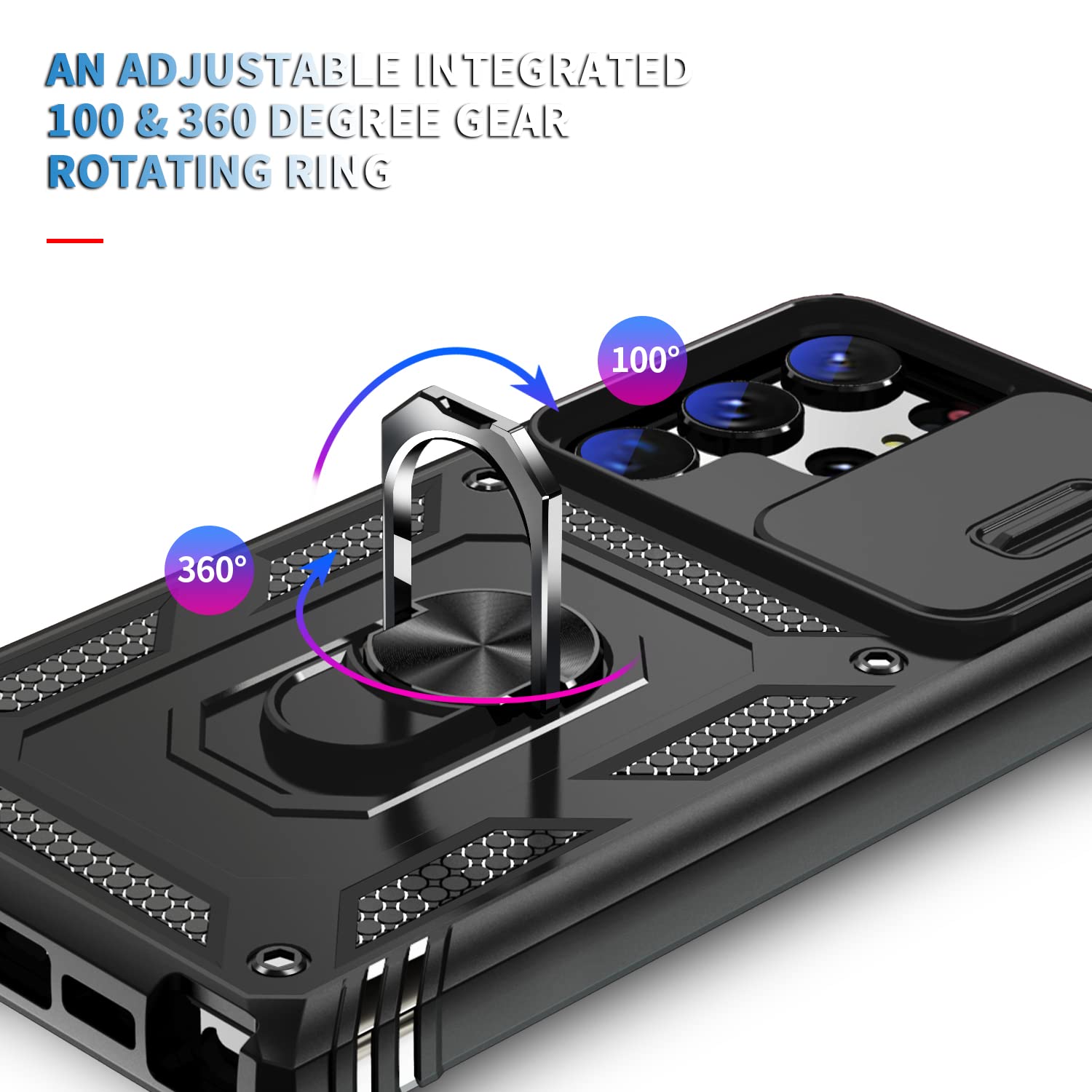Pasnew For Samsung Galaxy S23 Ultra Case Military,360 Metal Ring Kickstand & Camera Slide Cover,Multi-Layer Heavy Duty Full Body