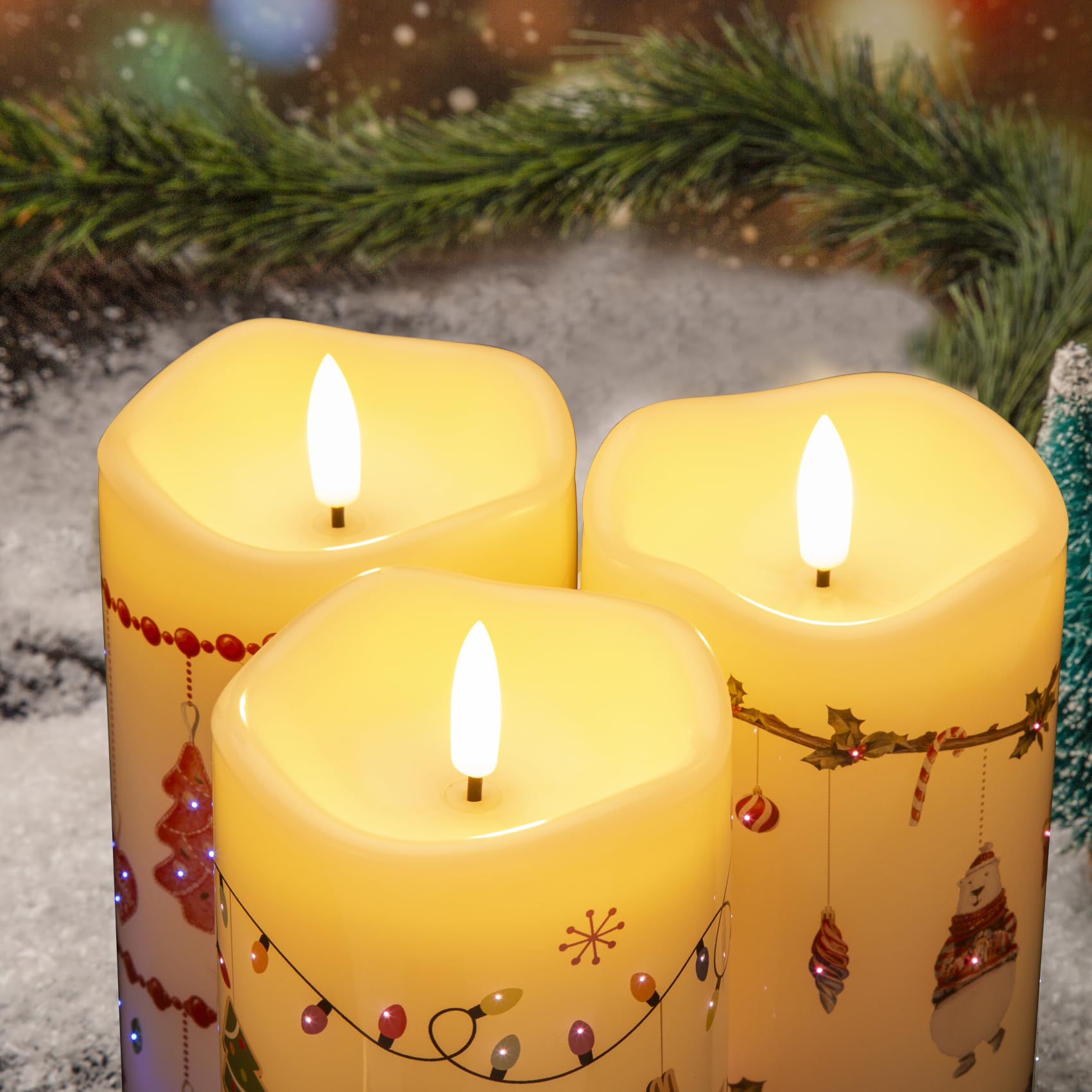 Eywamage Fiber Optic Christmas Flameless Pillar Candles With Remote, Flickering Battery Operated Colorful Led Candles Set Of 3