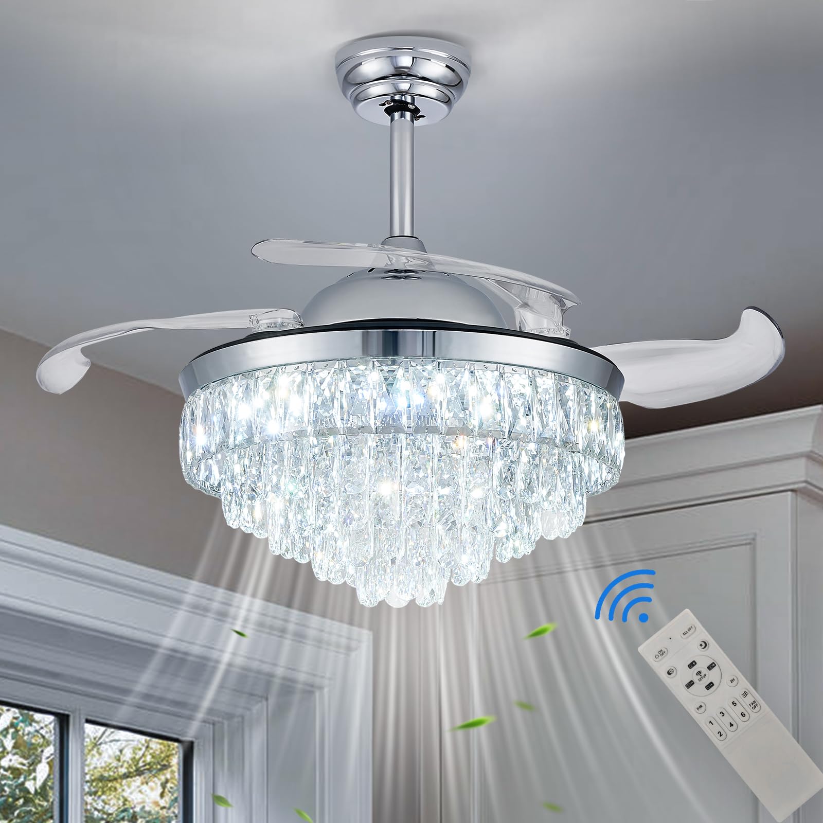 CLAIRDAI 42 Modern Crystal Ceiling Fans with Lights Invisible Fandelier,Silent Motor Ceiling Fan with Timer Memory Function Di
