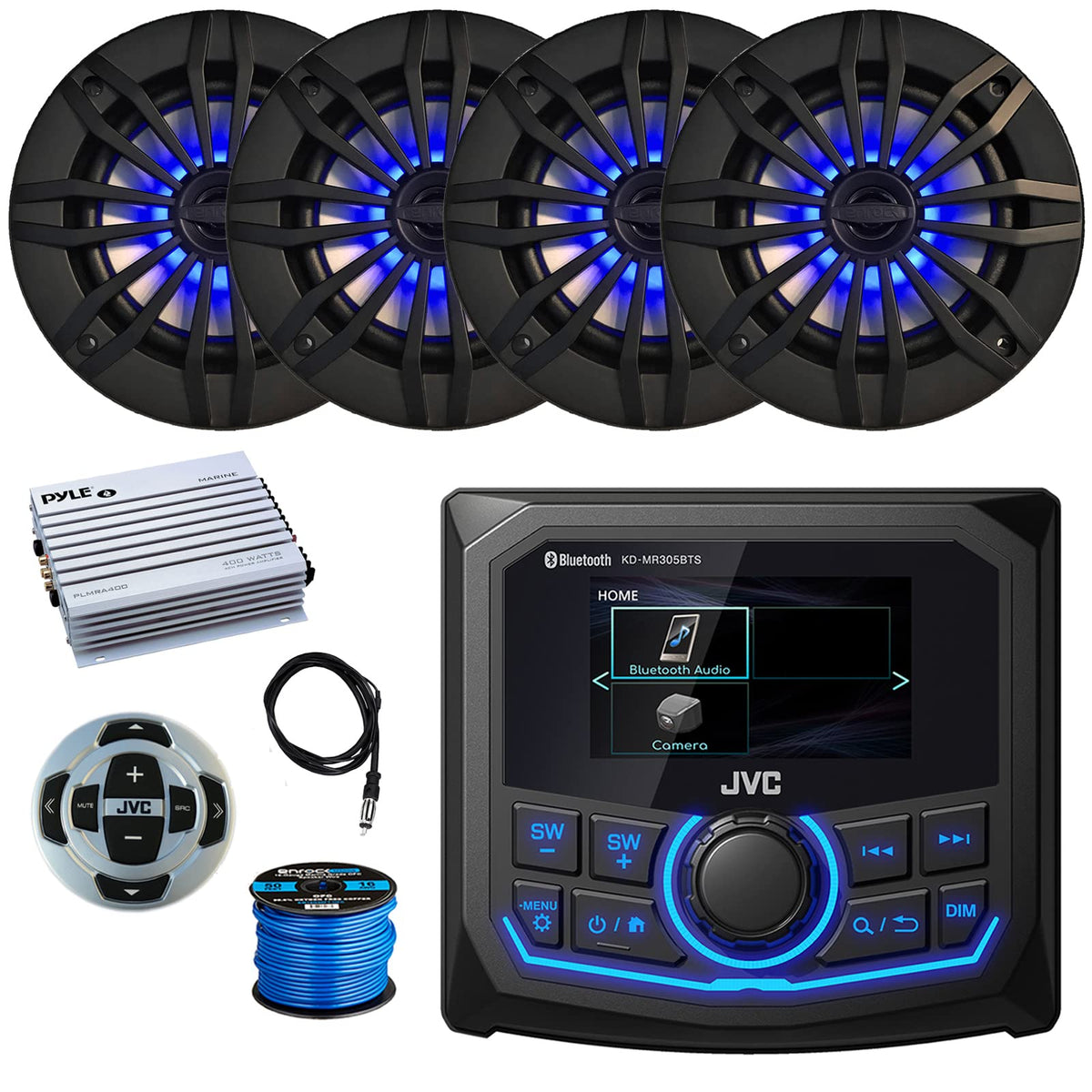 Jvc 2.7'' Lcd Marine Bluetooth Am/Fm/Wb Receiver With Remote Control, 4X Enrock 6.5'' 180 Watt Peak Blue Led Black Boat Speakers