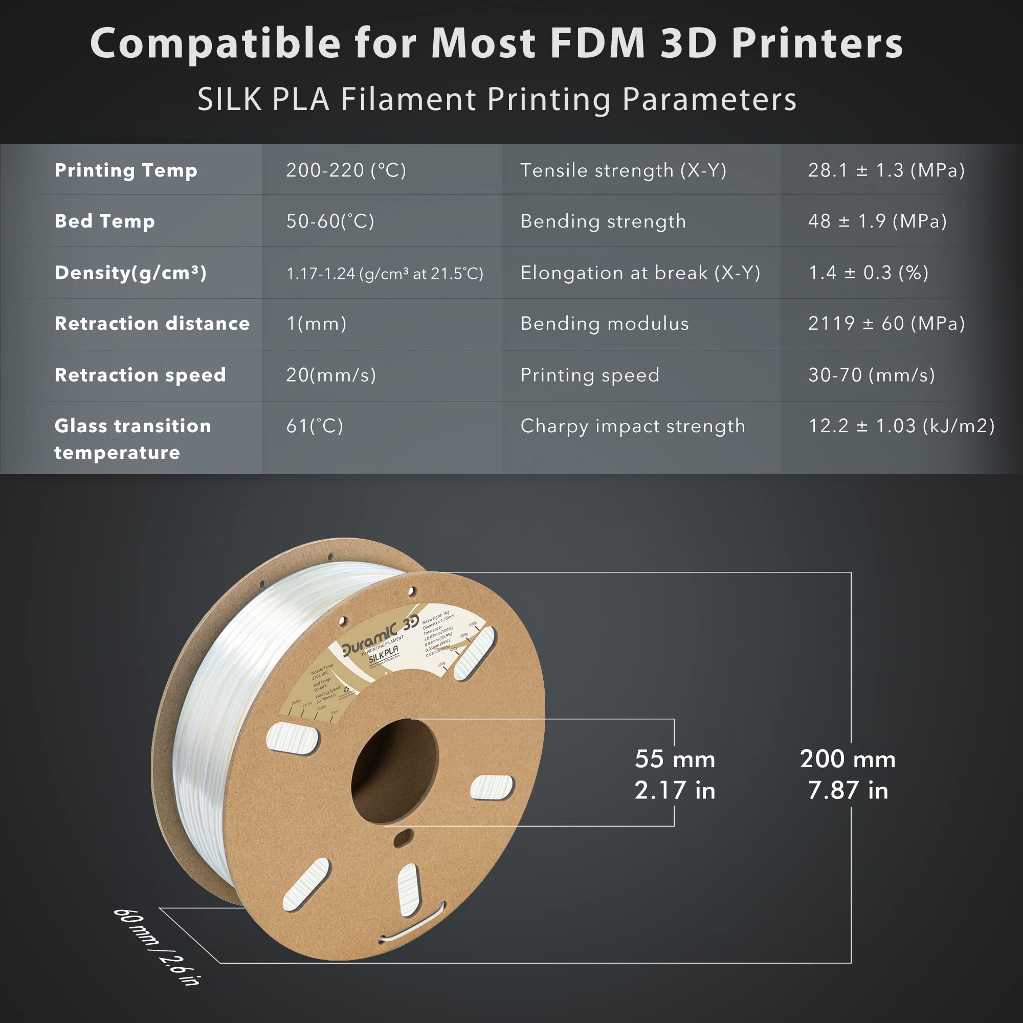 Duramic 3D Shiny Silk Pla Filament 1.75Mm Shiny Metallic Pla Filament Dimensional Accuracy +/- 0.05 Mm White