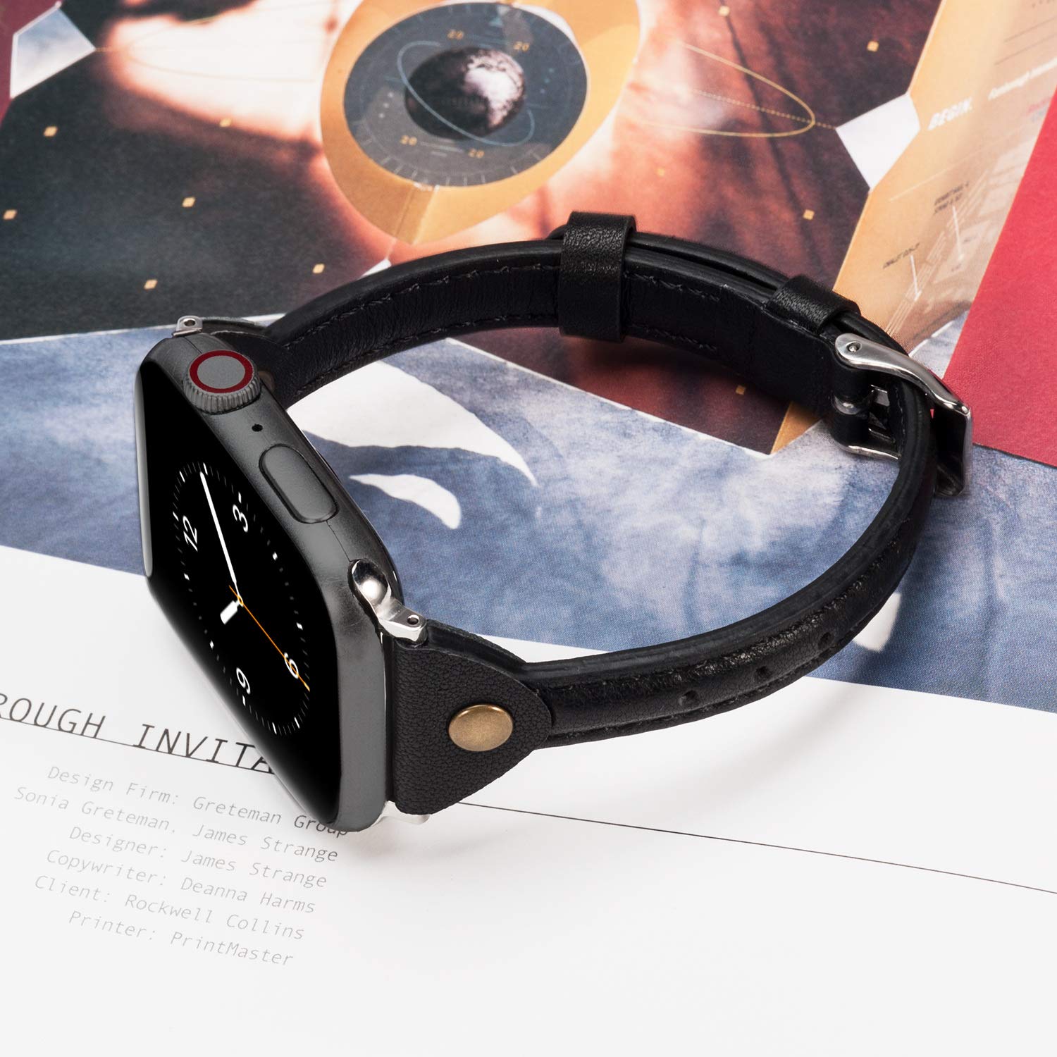 Wearlizer Black Leather Compatible With Apple Watch Slim Leather Band 42Mm 44Mm 45Mm 49Mm(Ultra) For Women Men Strap Wristband R