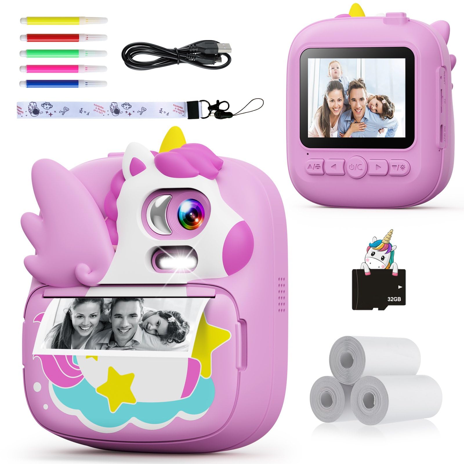 Camclid Kids Camera Instant Print, 12Mp & 1080P Instant Camera For Kids With 32G Card & Print Paper, Selfie Digital Video Camera