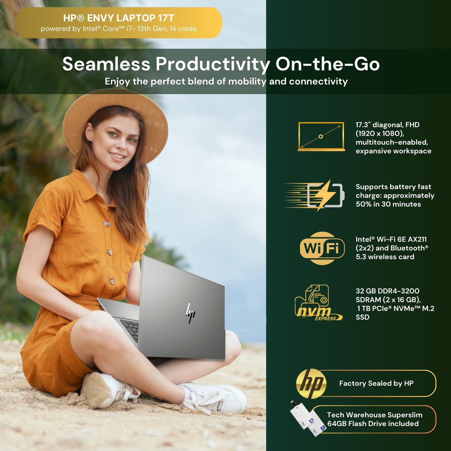 Hp Envy 17T Laptop, Intel Core Ultra 7 155H (Up To 4.8 Ghz, 16 Cores, 22 Threads), Intel Arc Graphics 32Gb Ram, 1 Tb Nvme Ssd, 1