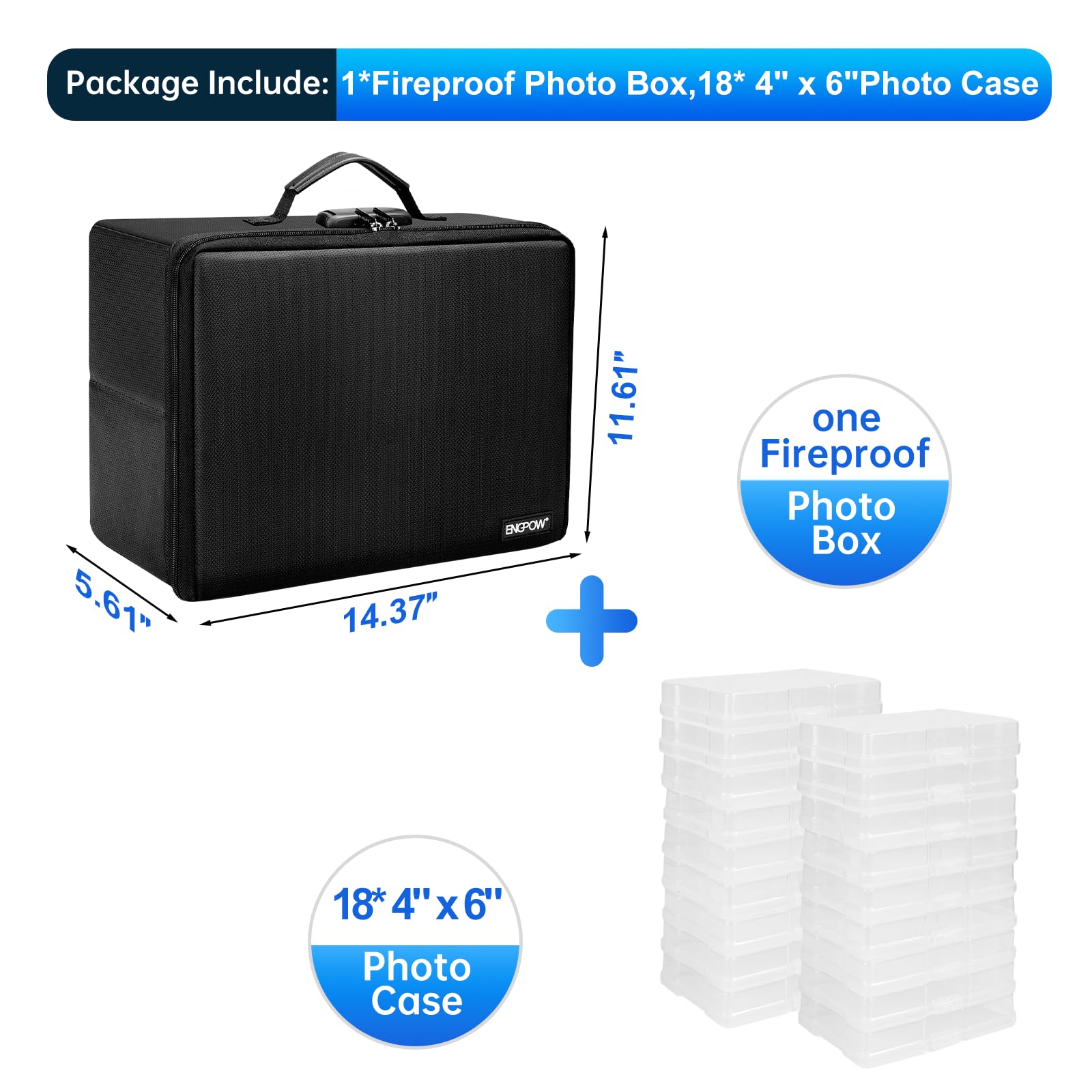 Engpow Photo Storage Box With 18 Inner 4'' X 6'' Photo Case(Clear),Fireproof Photo Organizer Box With Lock,Collapsible Portable