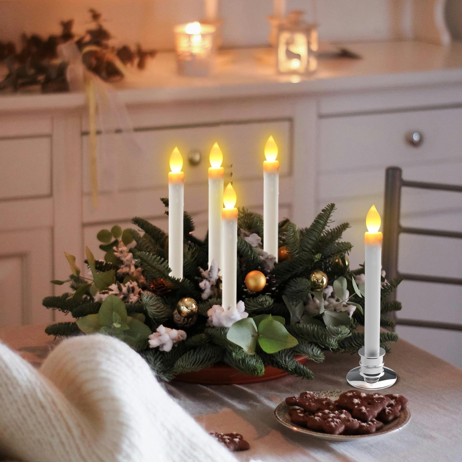 Led Flameless Window Candles With Remote Timer Sliver Base 10 Pcs Battery Operated Flickering Taper Candle Lights With Removable