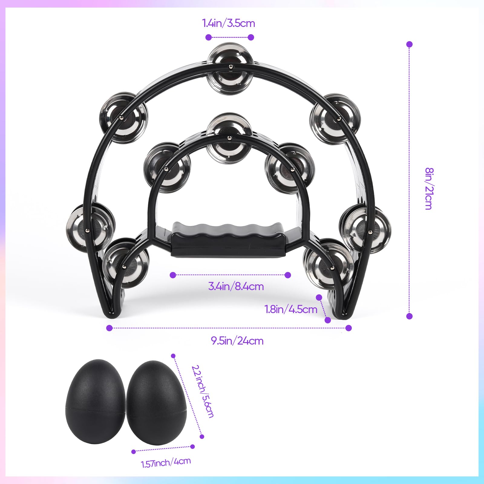 Tambourine Double Row Metal Jingles Bell Hand Held Percussion Half Moon Tambourines Musical Instrument For Adults Kids Party, Kt