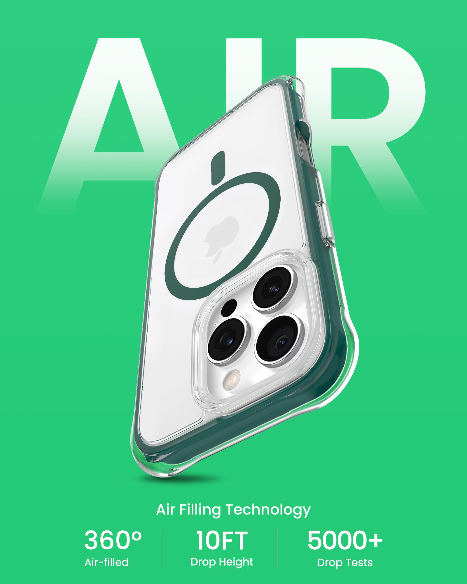 Ornarto Air Case For Iphone 16 Pro Clear, Compatible With Magsafe, Military Grade Drop Protection Cover With Built In Air, Green