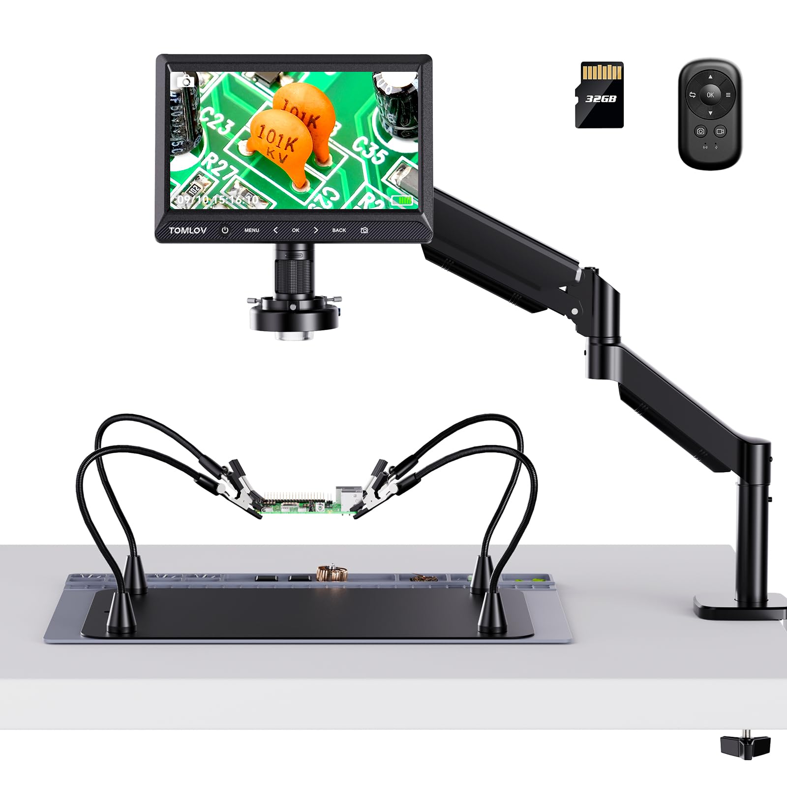 TOMLOV DM702 Flex-S 10.1 Digital Microscope with Soldering Helping Hands Station, Adults Coin Magnifying Glass with Flexible Boo
