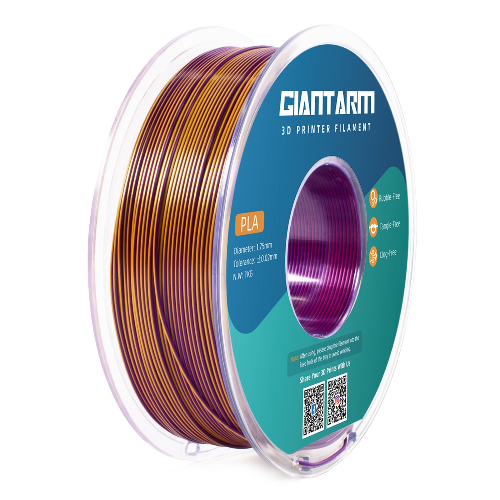 Giantarm Tri-Colors Silk Pla Filament, 3D Printer Filament 1.75Mm +/-0.02Mm, 1Kg (2.2Lbs) Spool, Vacuum Packaging?Red+Gold+Purpl