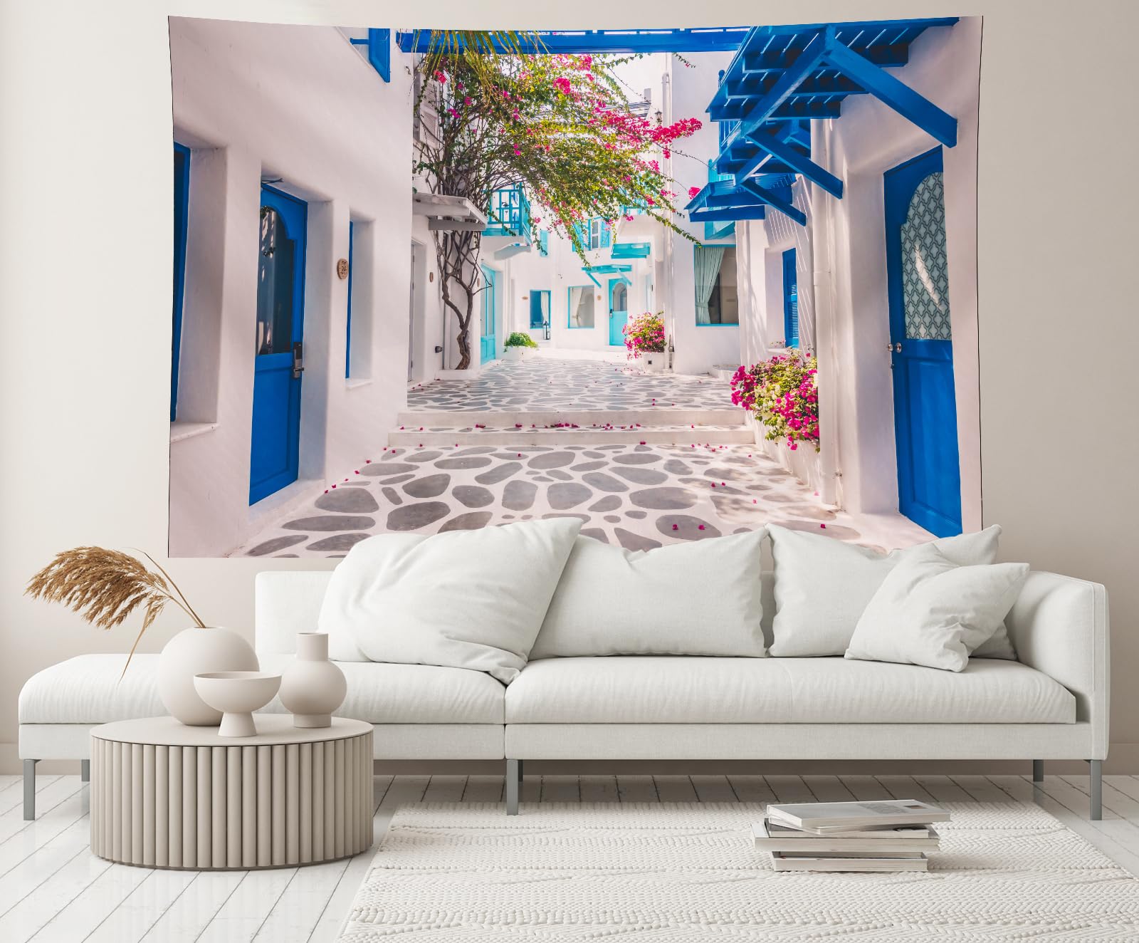 Chnywork 7Ftx5Ft Greece Backdrop Santorini Morocco Blue Window Flowers Street Scenery Photo Background For Greece Wedding Birthd