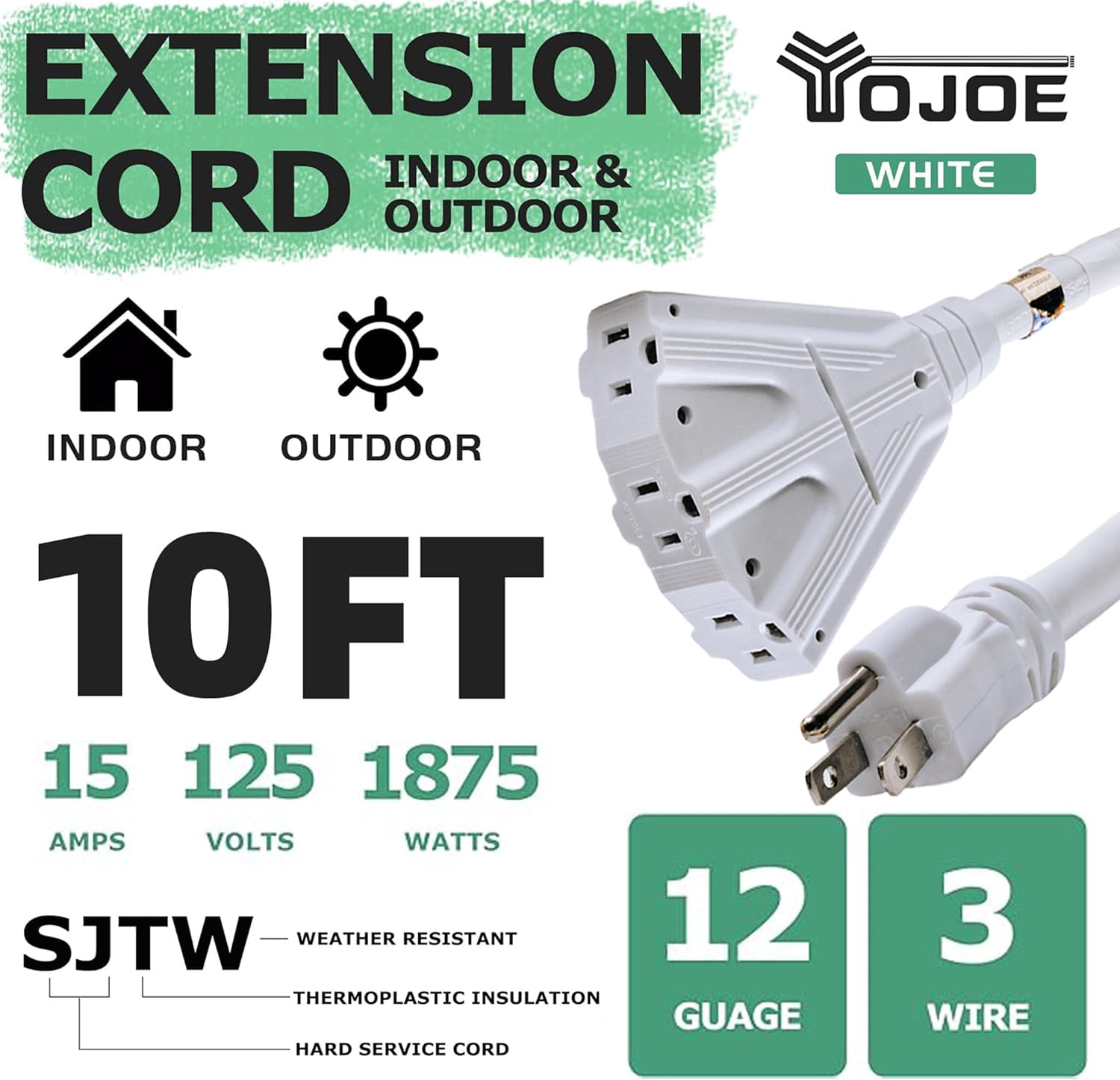 Yojoe 3 Outlets Indoor Outdoor Extension Cord, 3 Prong 15A Weatherproof Power Cord Multiple Outlets, 12 Gauge Heavy Duty 10 Ft W