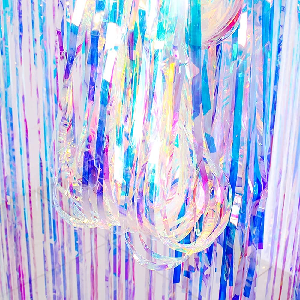 Gorgeous Holographic Party Backdrop Curtains   6.5X9.8 Feet, Pack Of 2 | Iridescent Colorful Fringe Curtain With Non Marking Tap