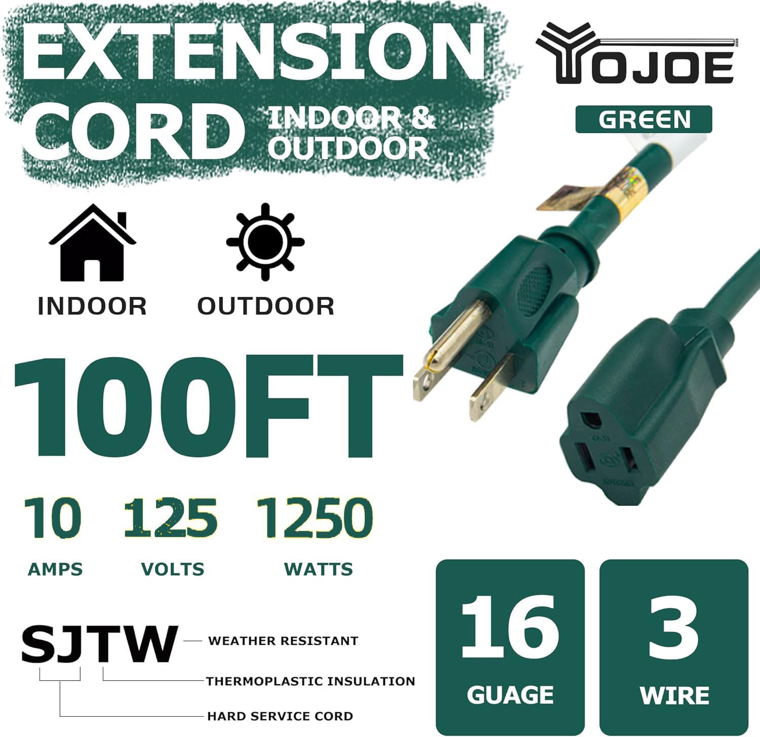 Yojoe Indoor Outdoor Extension Cord, 3 Prong 10A Weatherproof Power Extension Cord, 16 Gauge Heavy Duty 100 Ft Green Extension C