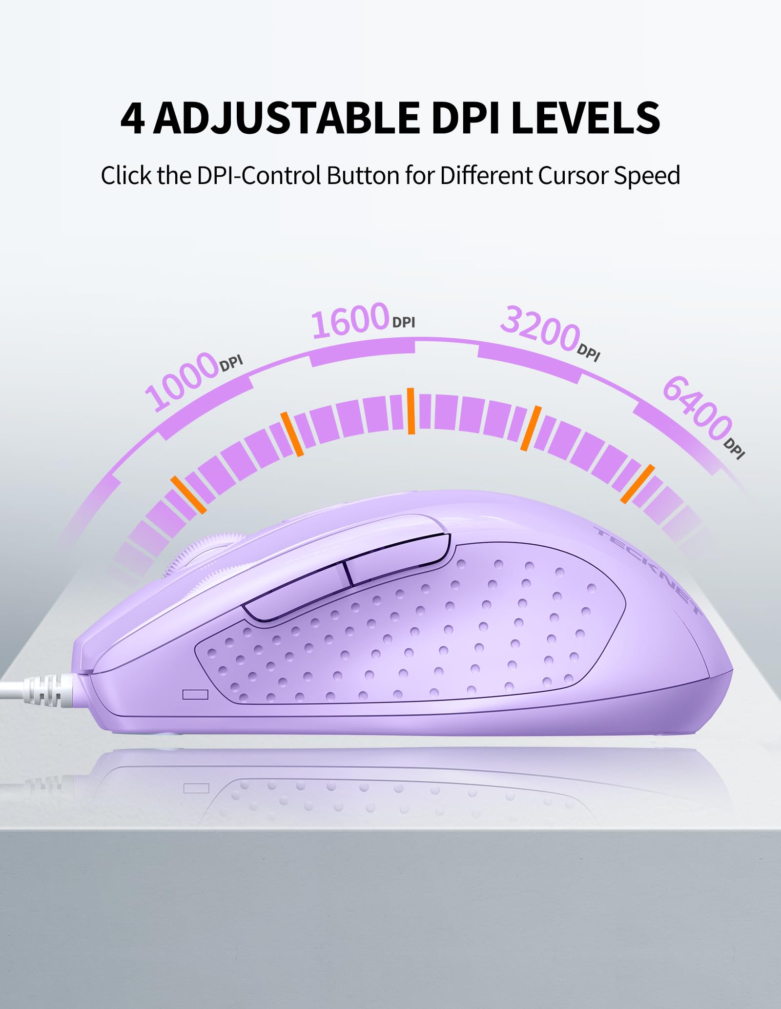 Tecknet Usb Wired Mouse, 6 Button Corded Mouse With 4 Adjustable Dpi, Optical Computer Mouse With Ergonomic Design And 5Ft Cord For Laptop, Chromebook, Pc, Desktop, Mac, Notebook  Lt.Purple