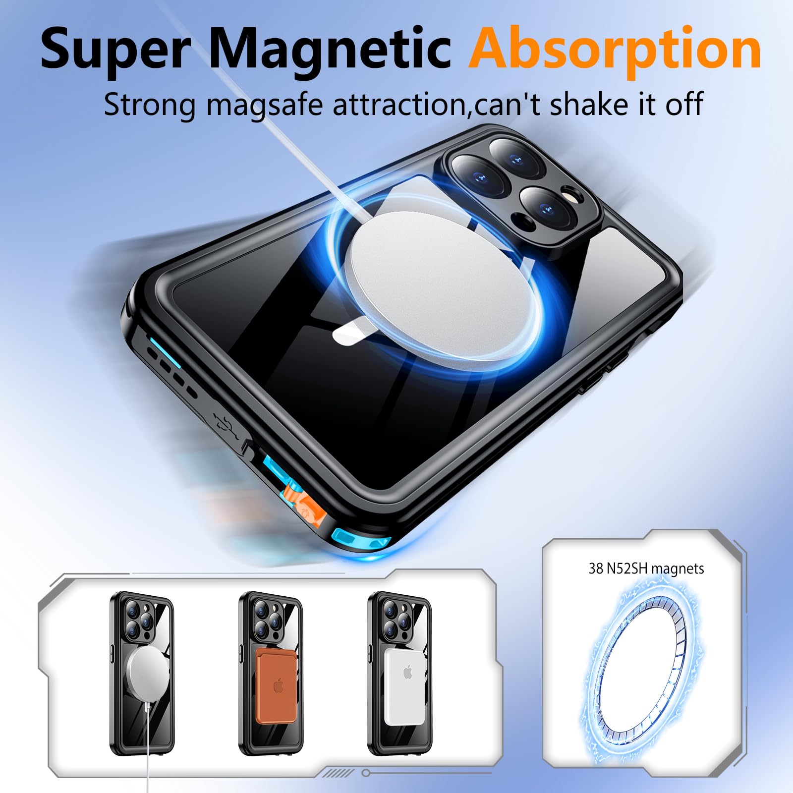 Temdan Magnetic For Iphone 15 Pro Case Waterproof,Built In Screen Protector[Ip68 Underwater][15Ft Military Dropproof][Dustproof]