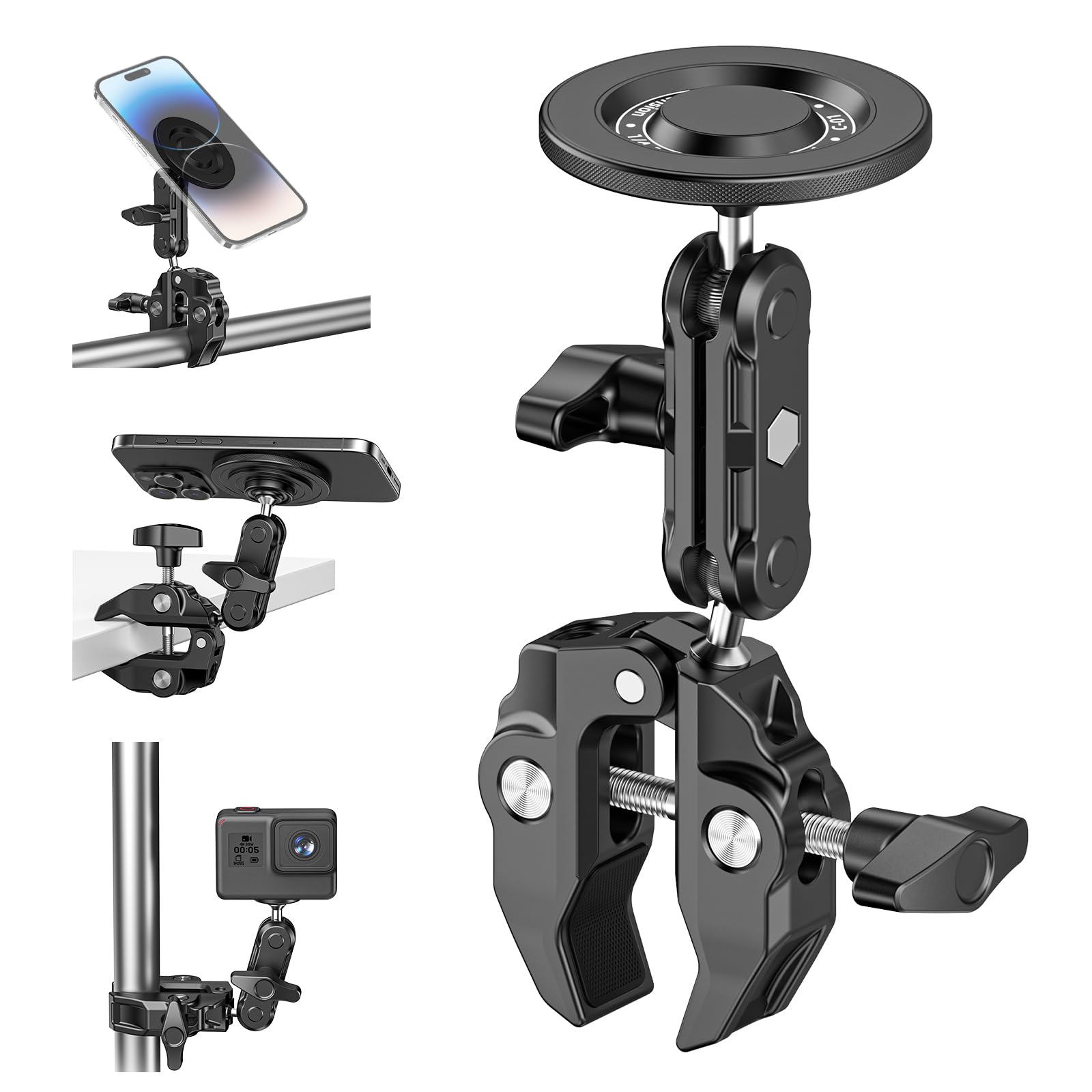Mic Stand Phone Holder Aluminum Compatible with Magsafe iPhone 16/15/14/13/12 Plus Pro Max Series, Side Mount Cellphone Music St